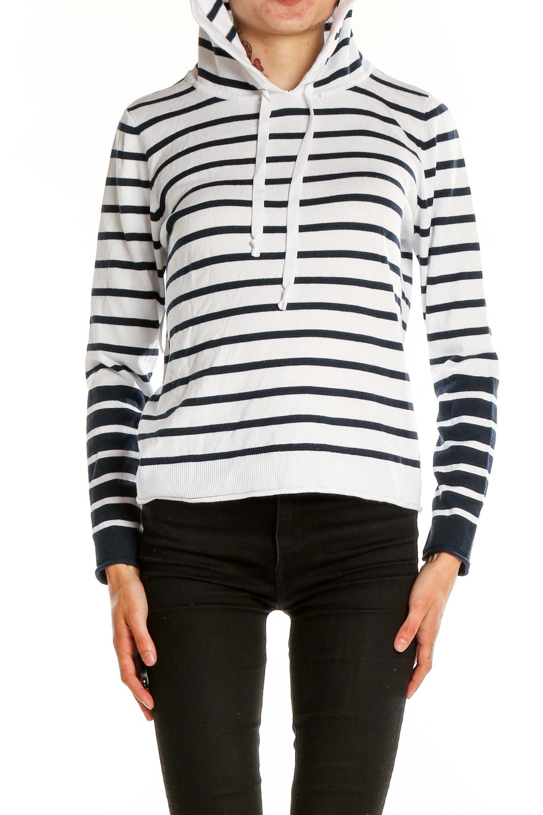 White and Navy Striped Hooded Knit Sweater Front