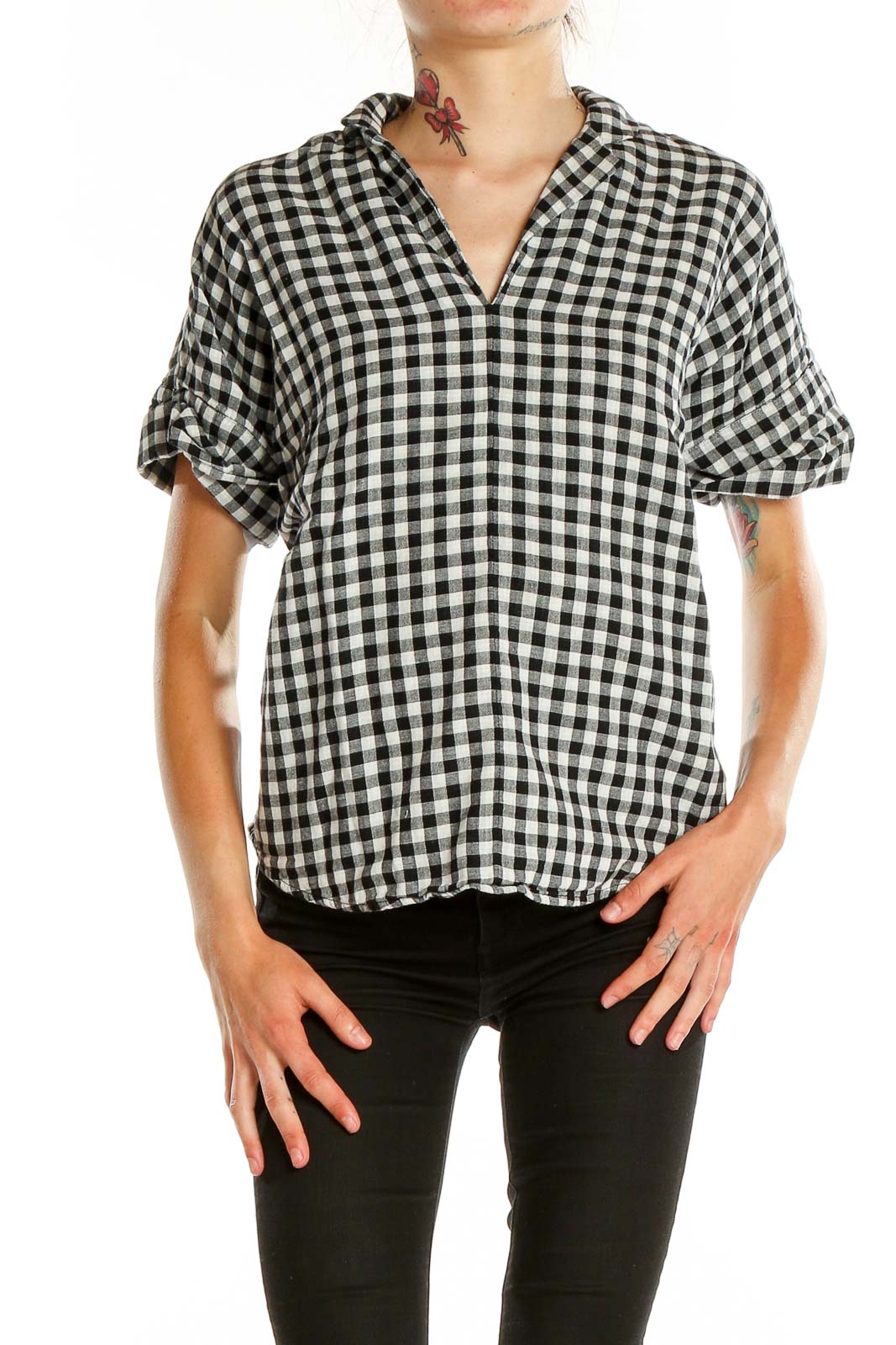 White Black Checkered All Day Wear Top Front