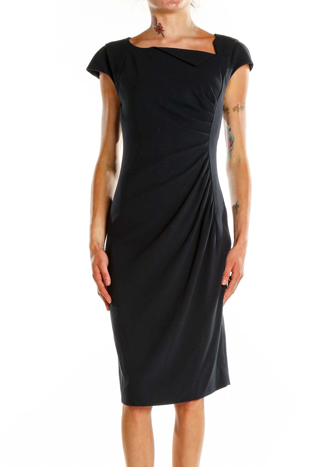 Navy Sheath Solid Work Dress Front