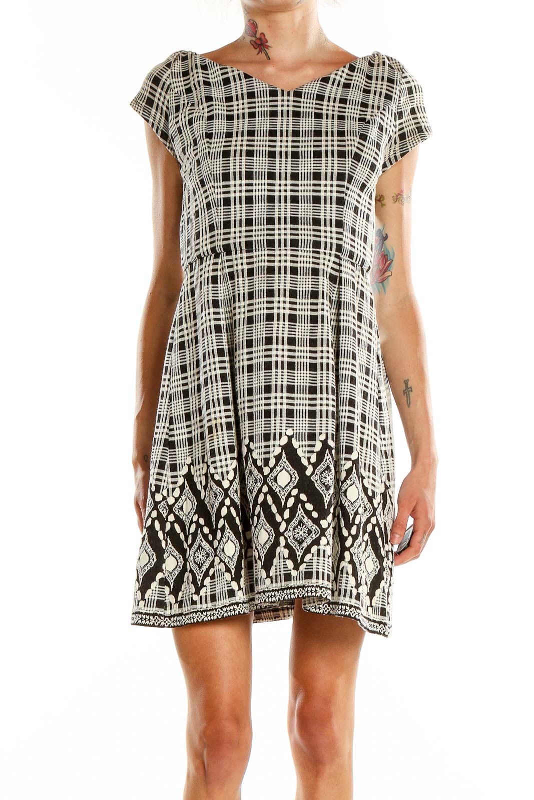 Black White Checkered Mixed Media Fit & Flare Dress Front