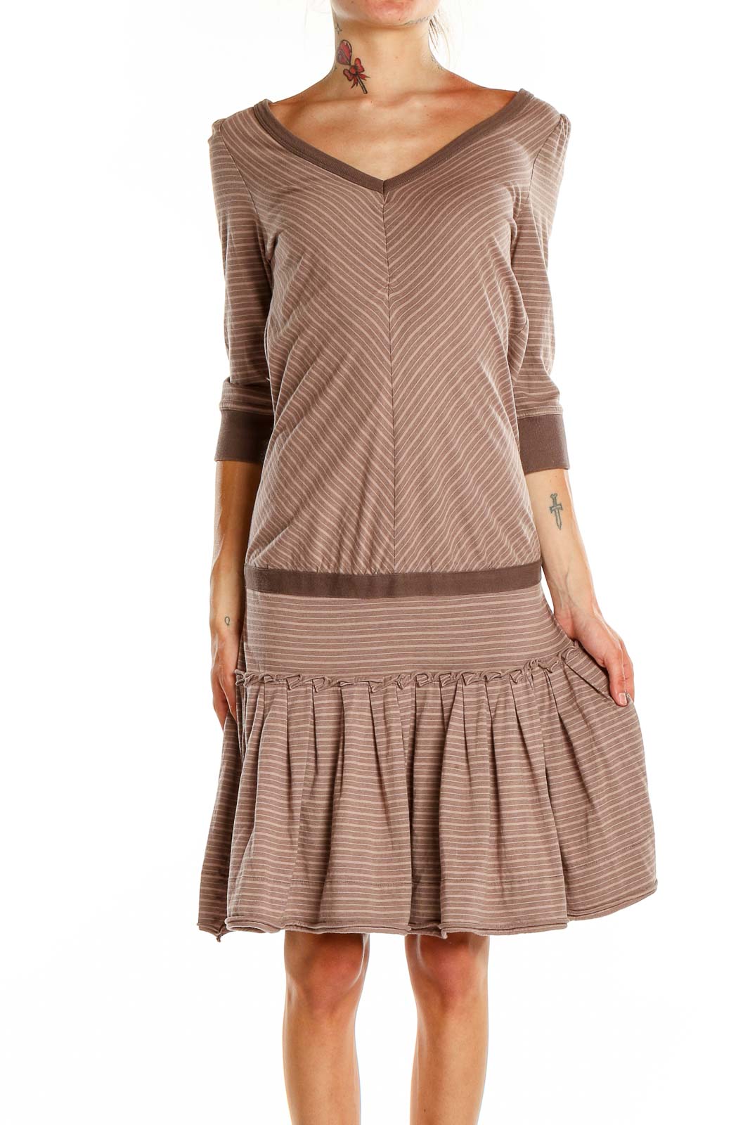 Brown Striped Drop Waist Dress Front