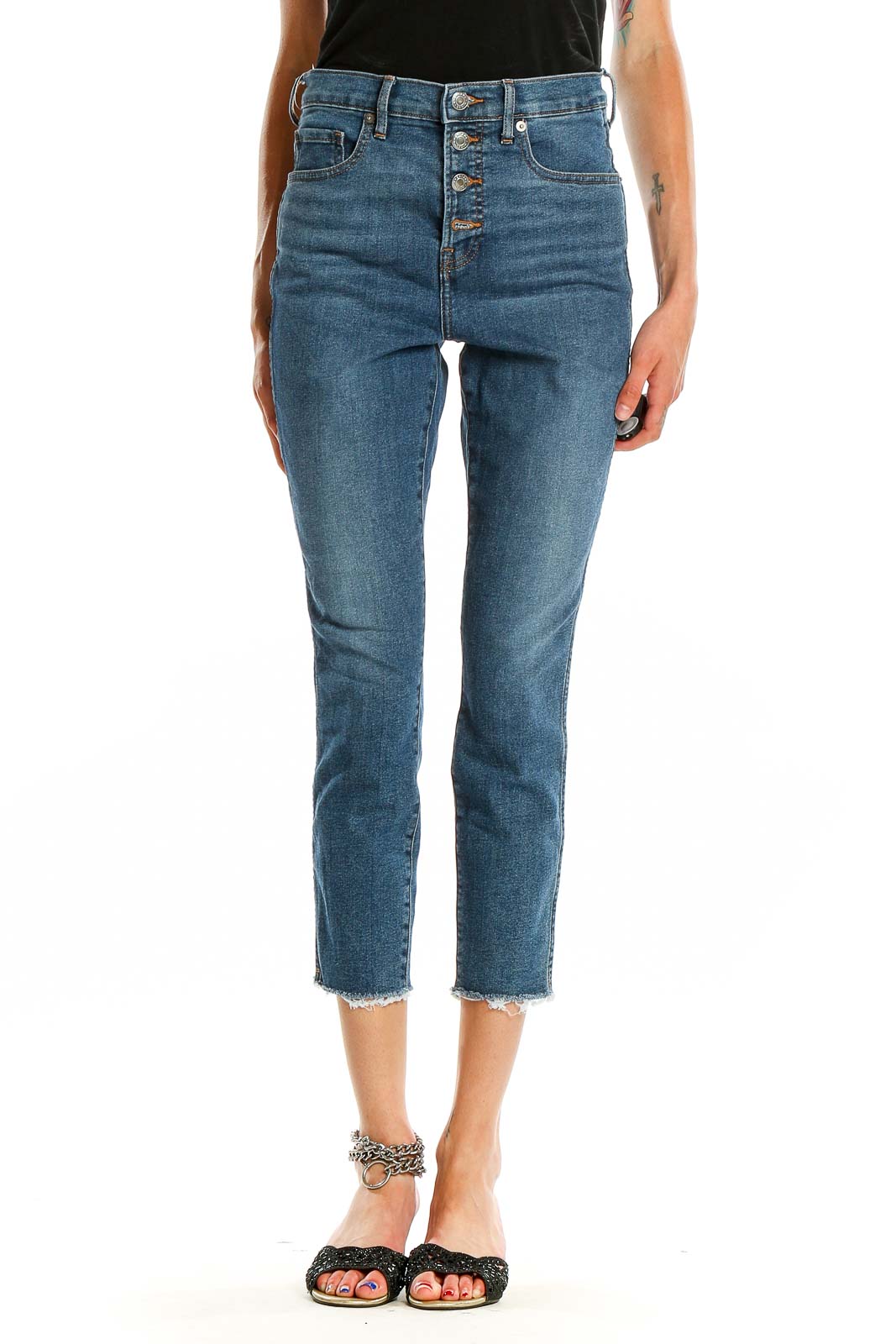 Blue Cropped High Waisted Jeans Front