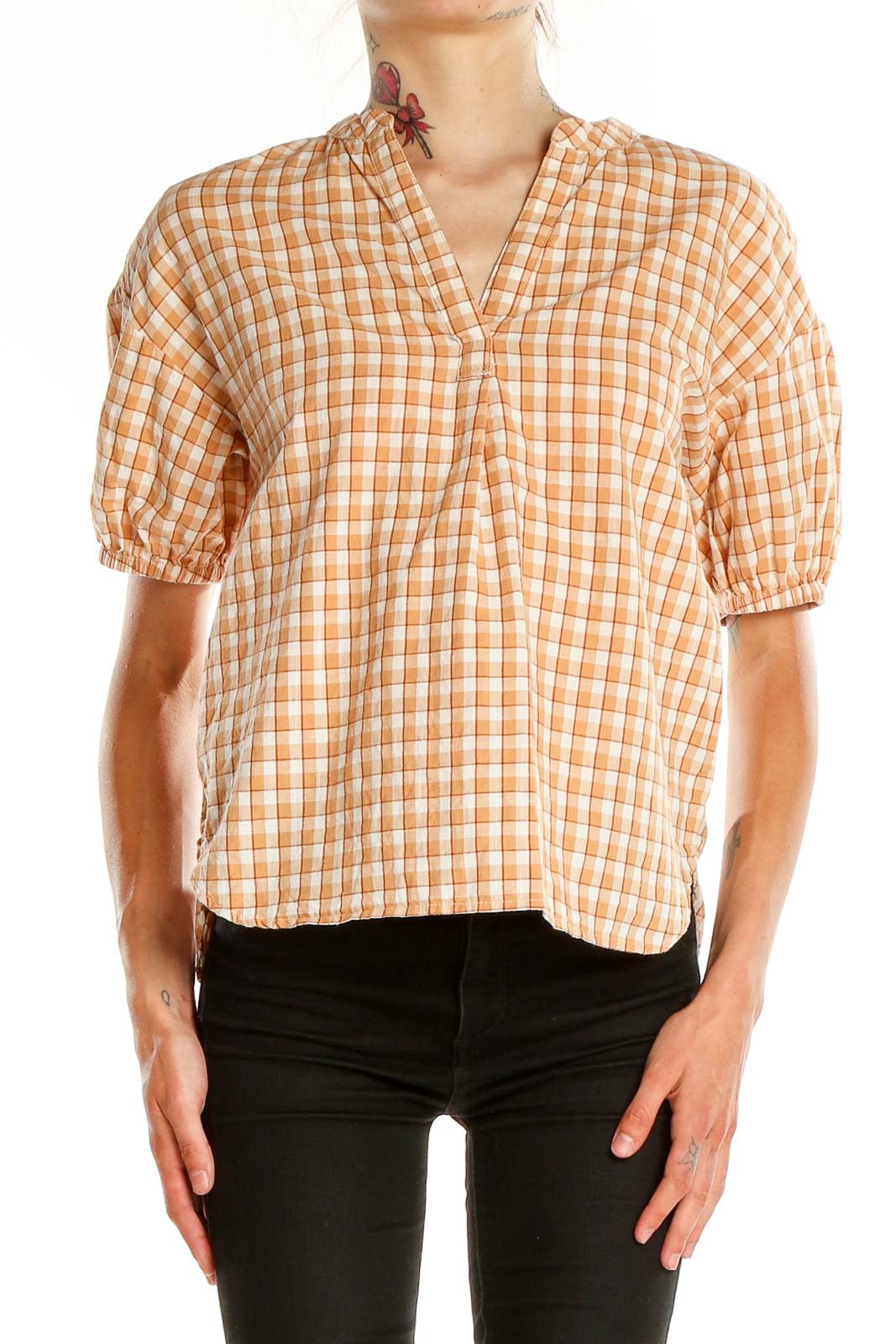 Orange Checkered Chic Blouse Front