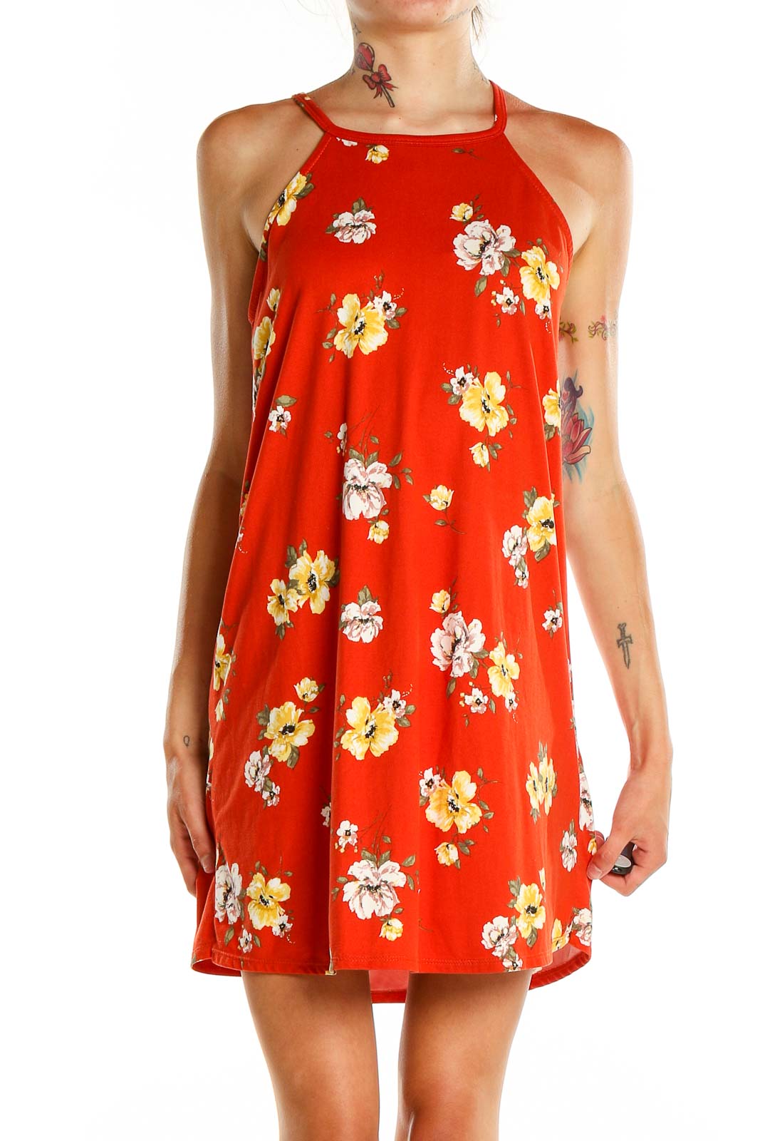Red Floral Print Day Dress Front