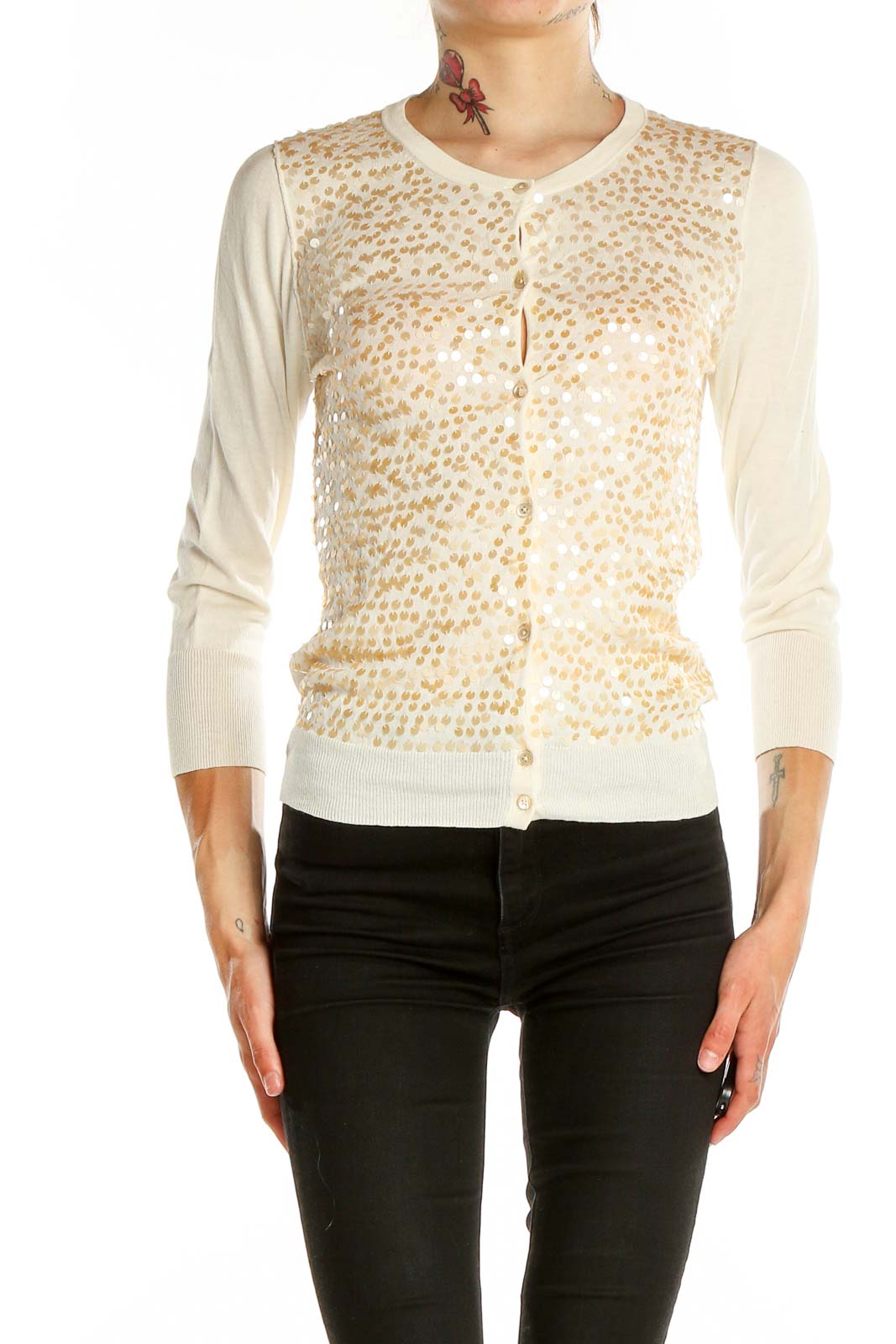 White Sequin Cardigan Front