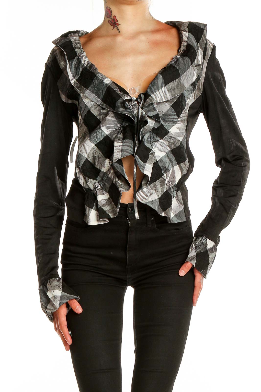 Black Gray Checkered Print Tie Front Cardigan Front