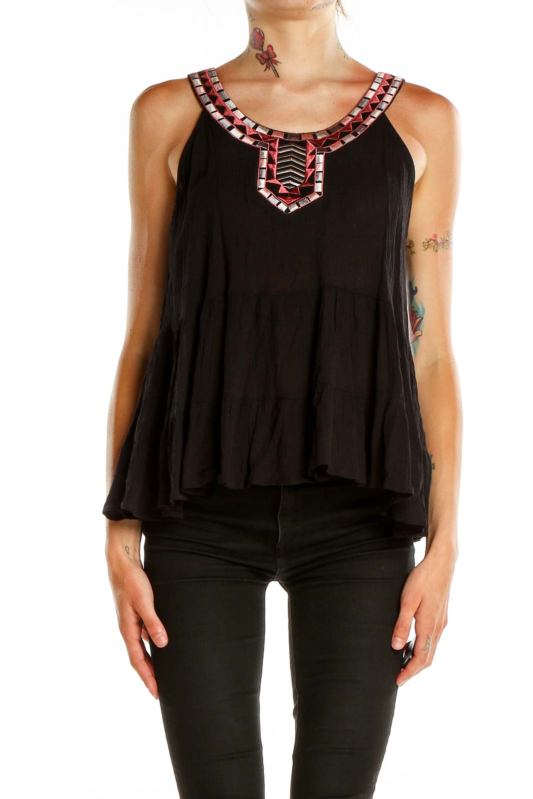 Black Embroidered Neck Top Front