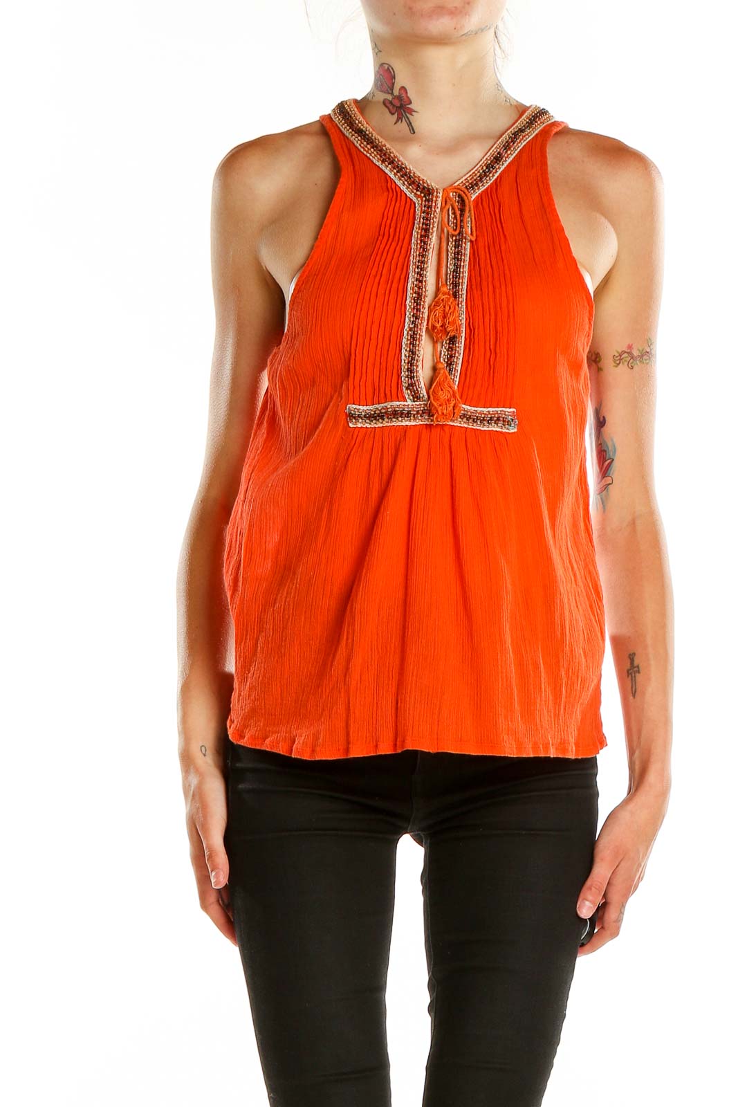 Orange Embroidered Bohemian Blouse Front