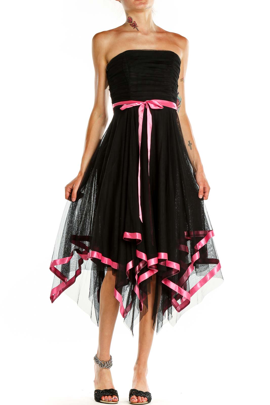 Black Retro Fit & Flare Pink Ribbon Trim Evening Dress Front