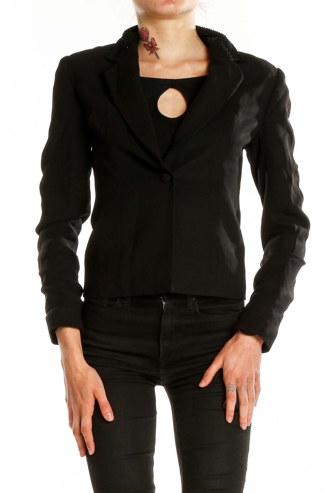 Black Sequin Collar Blazer Front