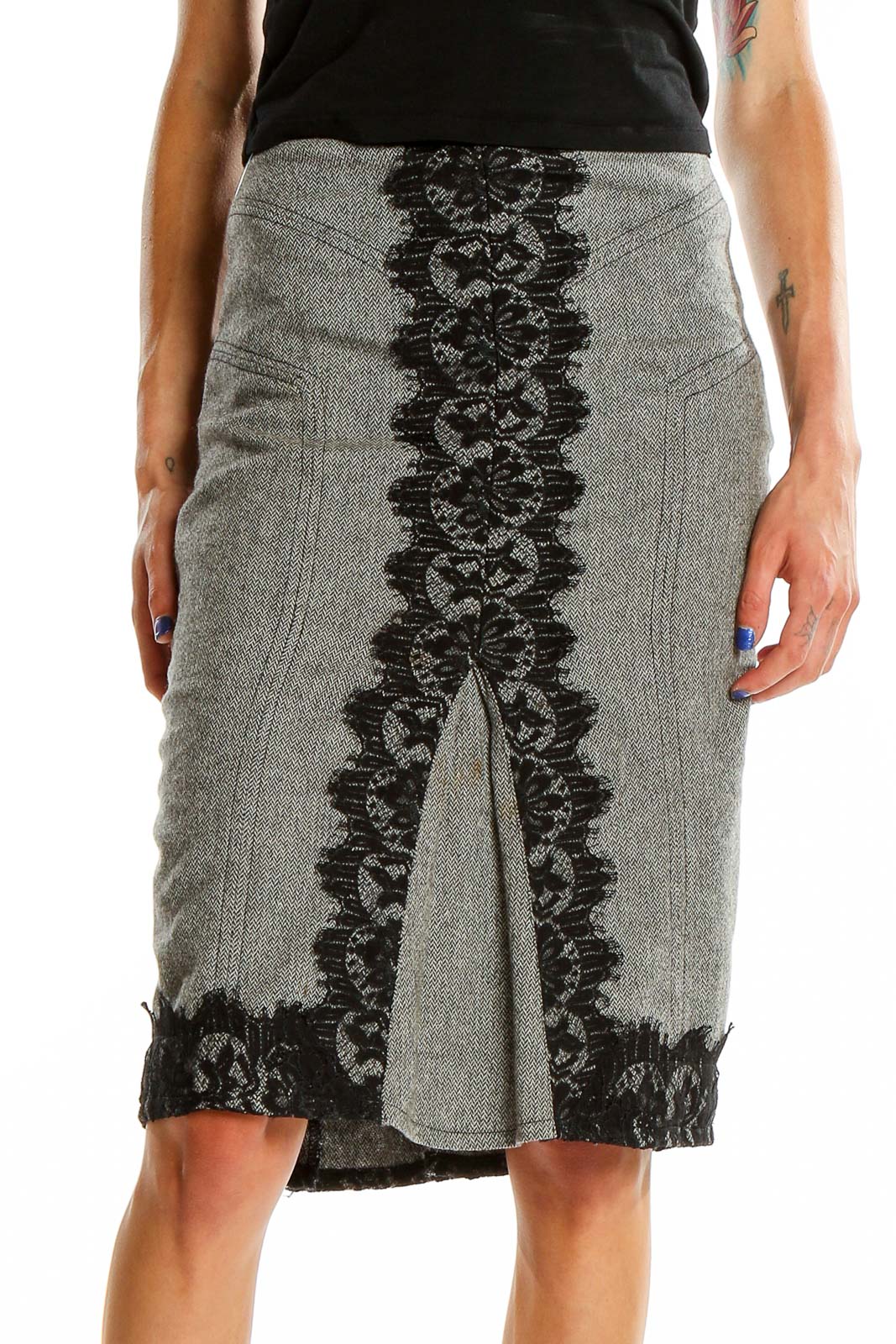 Gray Black Lace Chic Pencil Skirt Front