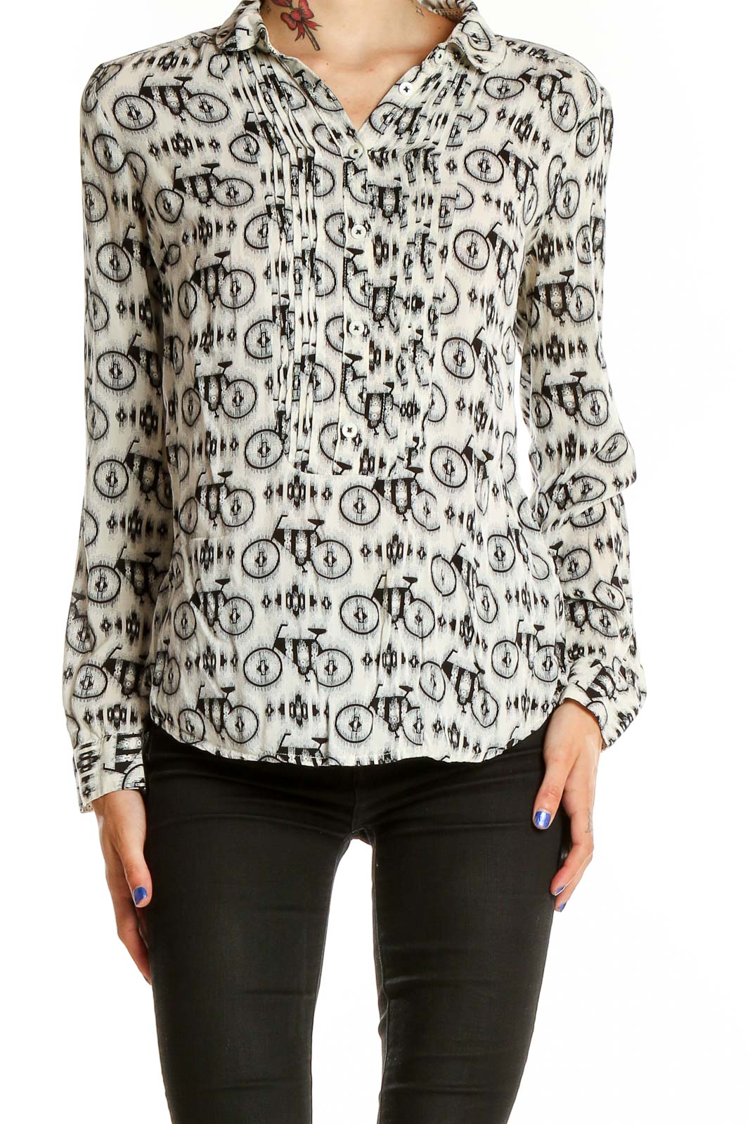 Black White Printed Blouse Front