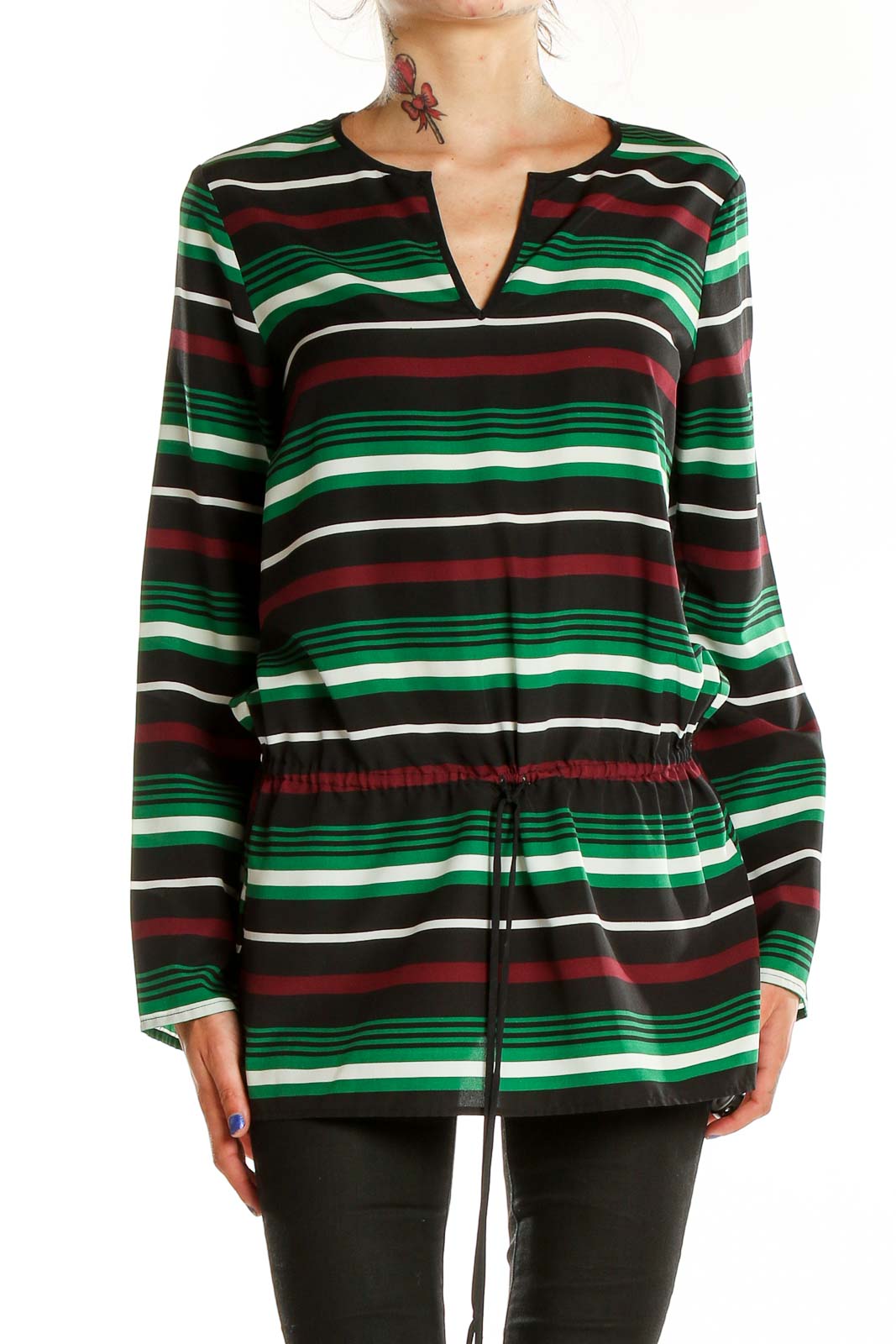 Black Green Striped Blouse Front