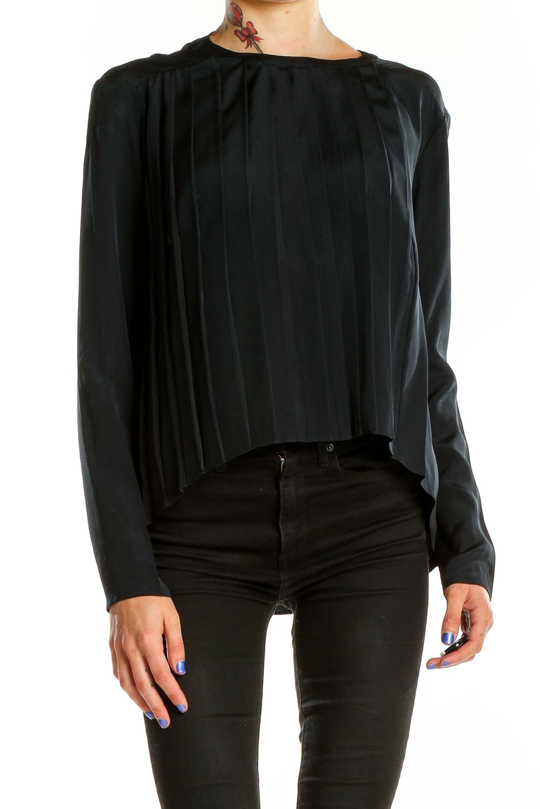 Black Pleated Silk Top Front