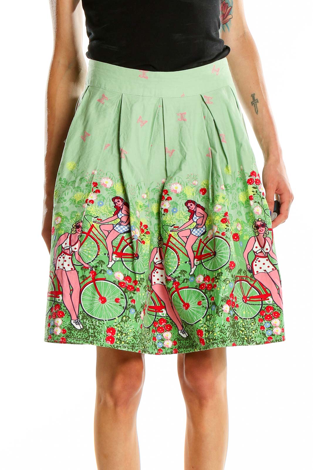 Green Printed Circle Skirt Front
