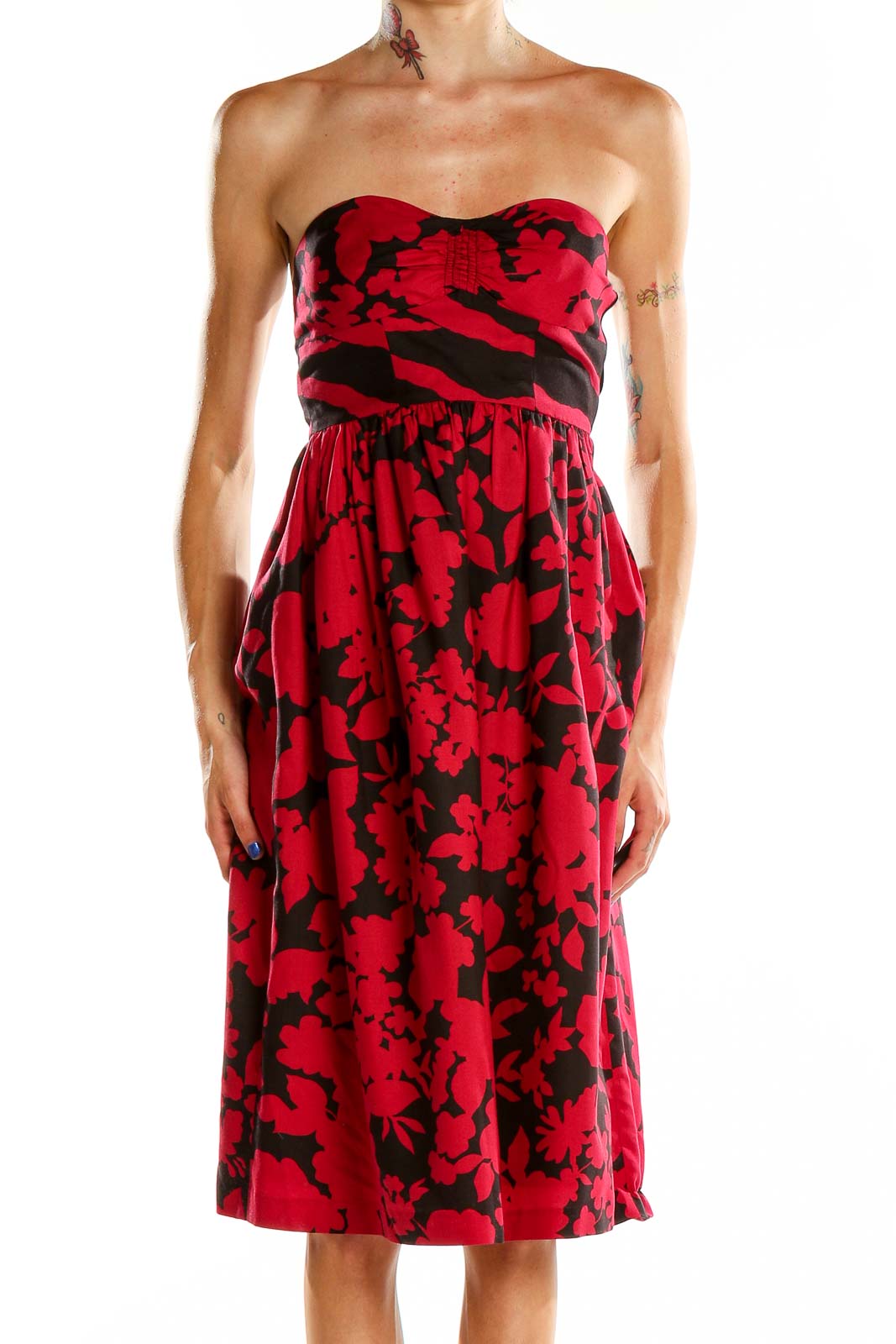 Red Strapless Printed Fit & Flare Dres Front