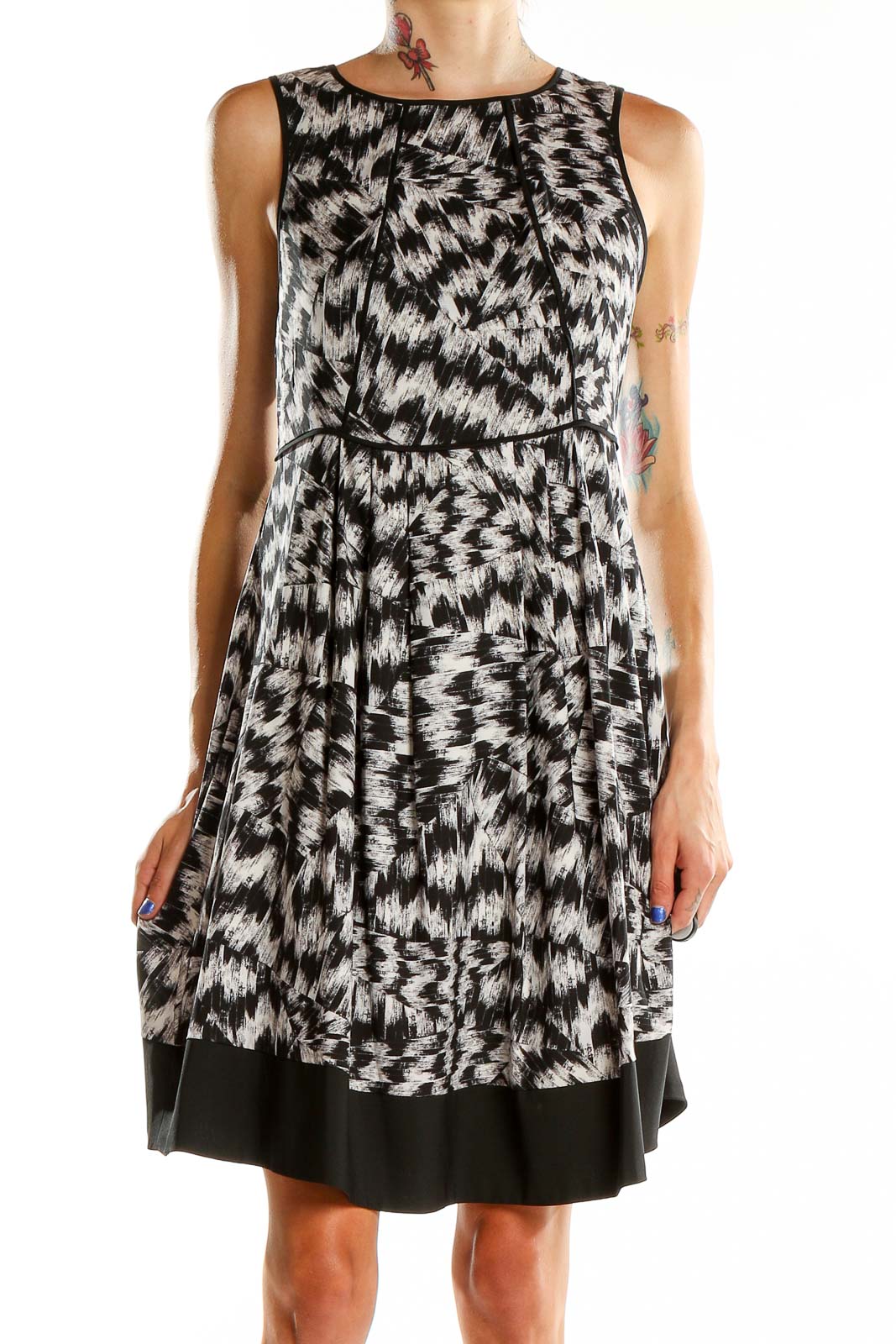 Black Gray Printed Work A-Line Dres Front