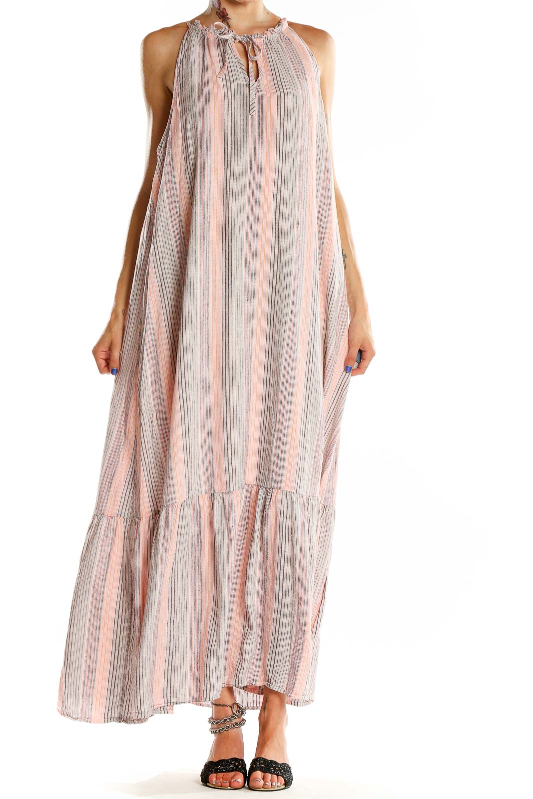Pink Striped Bohemian Maxi Dres Front