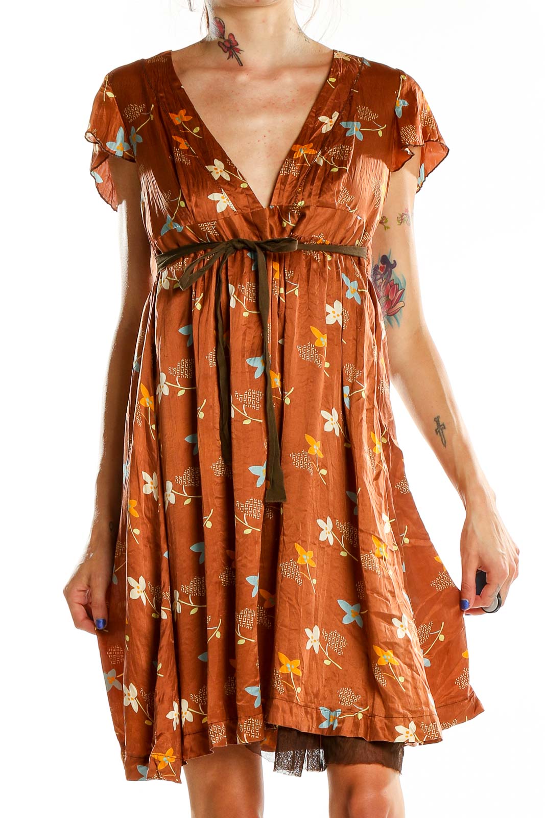 Orange Printed Fit & Flare Day Dres Front