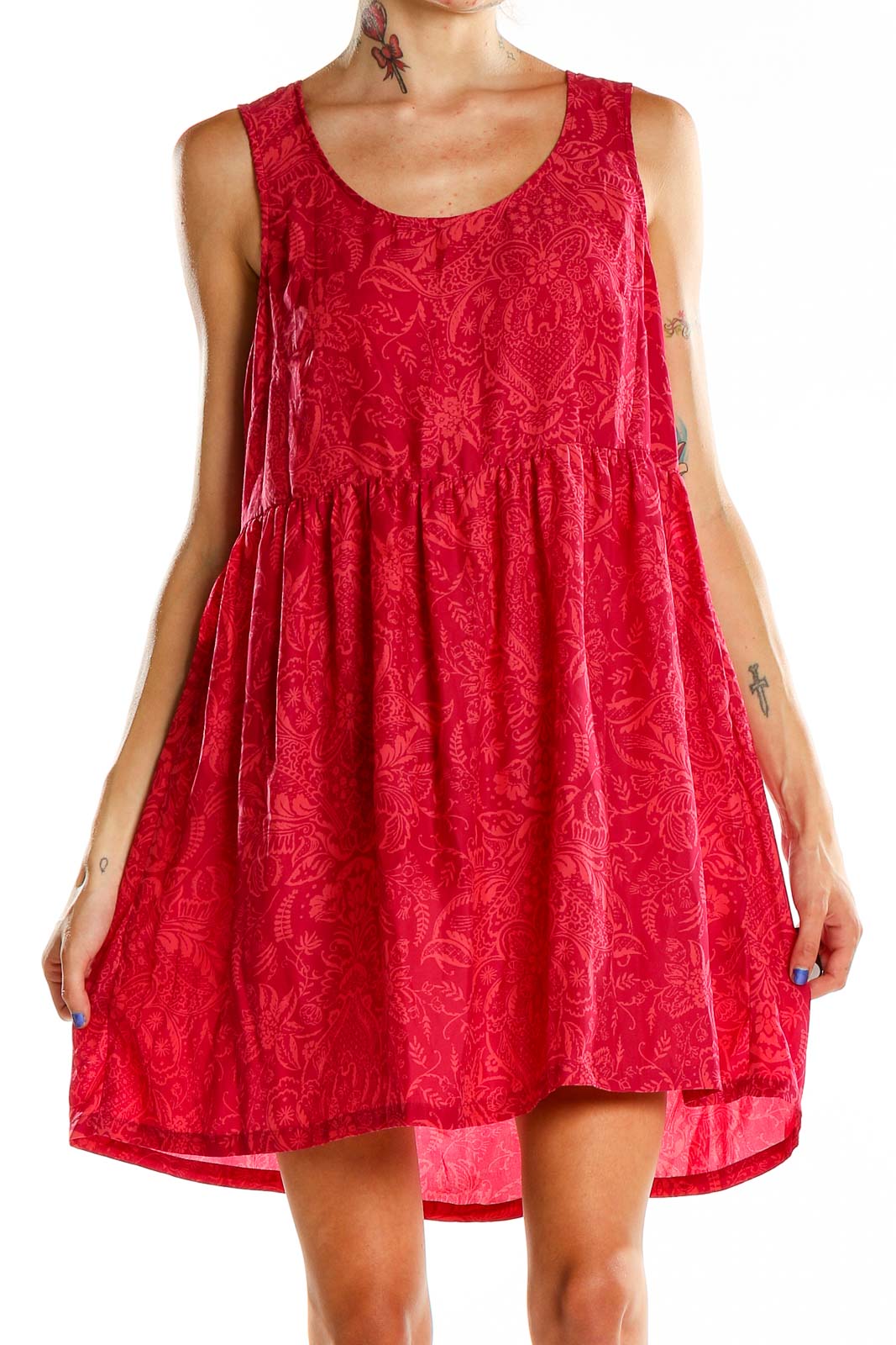 Red Printed Babydoll Dres Front