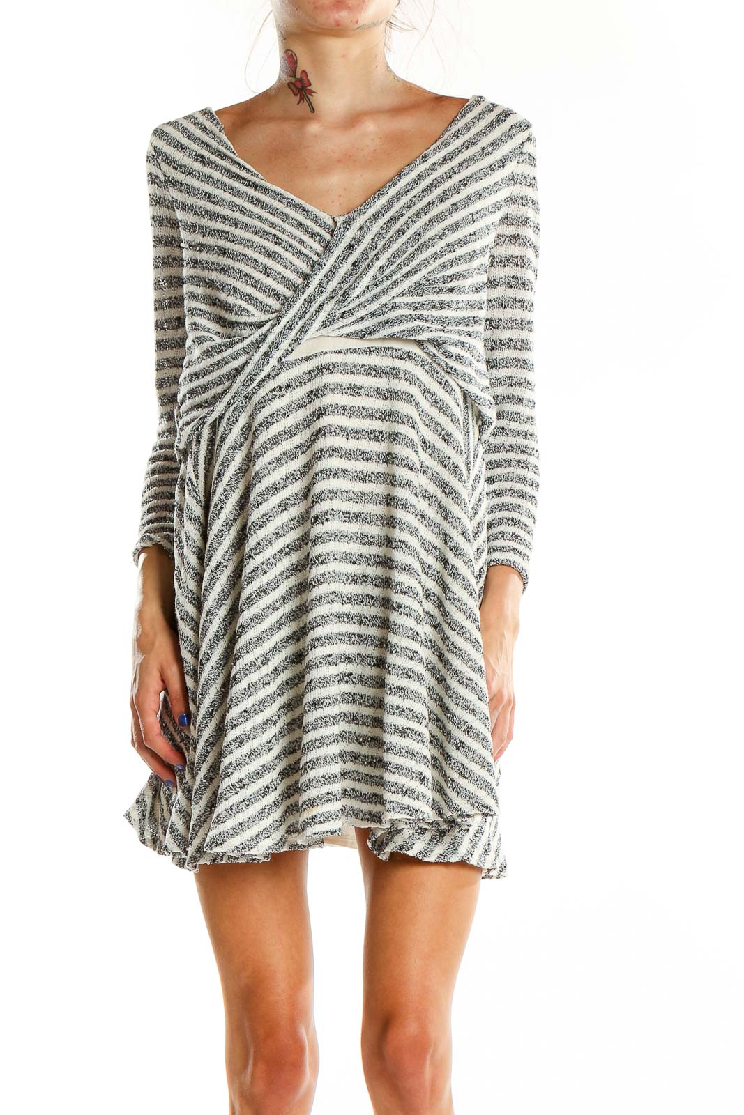 Gray Striped Knit Long Sleeve Mini Dres Front