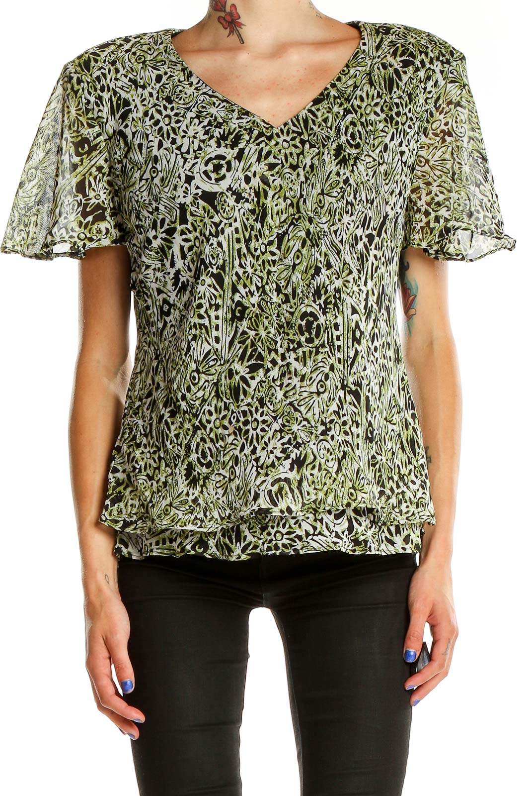 Green Printed Retro Blouse Front