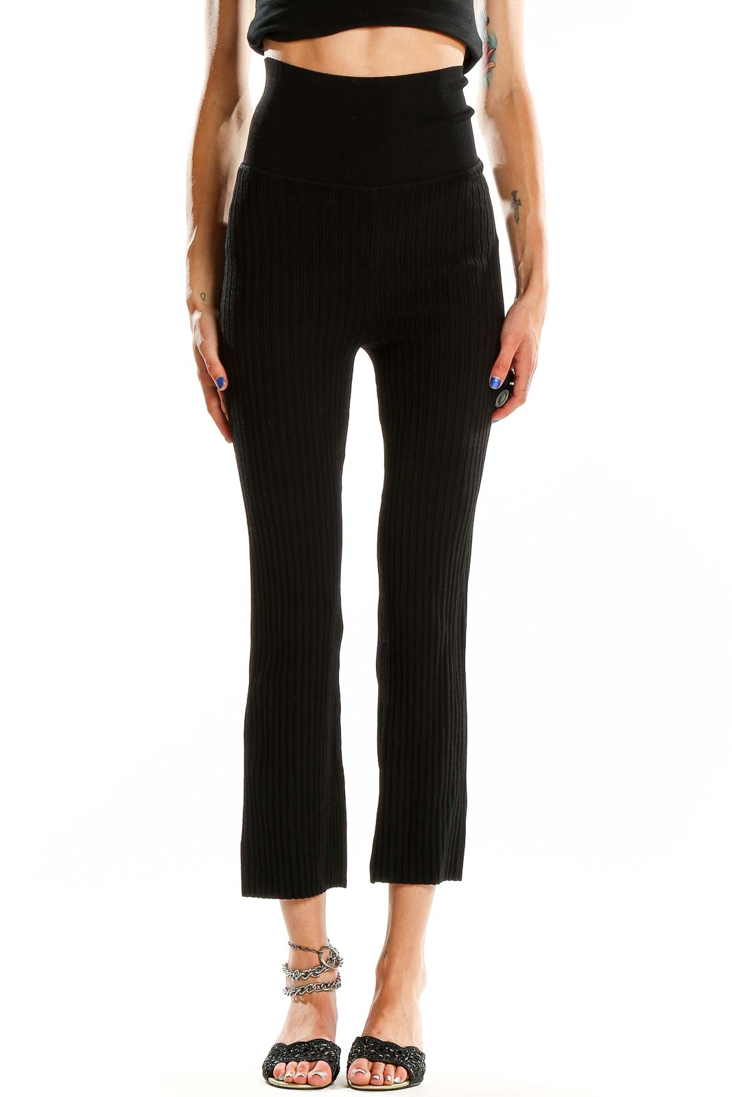 Black Classic Flare Texture Casual Trouser Front