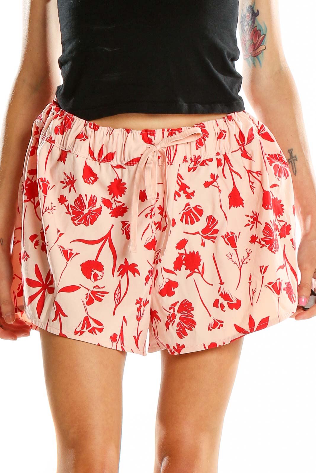 Red Floral Print Shorts Front