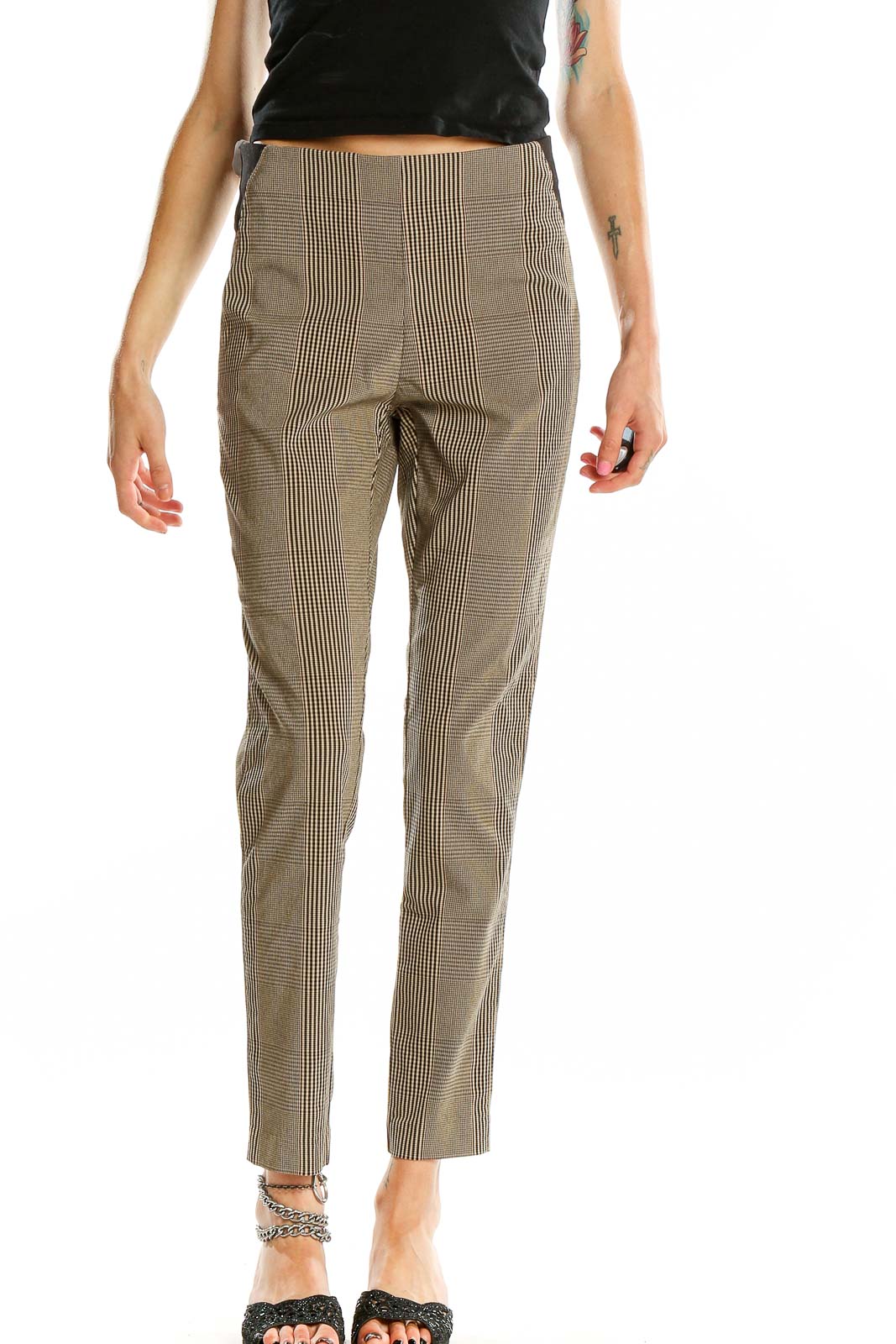 Brown Slim Checkered Pants Front
