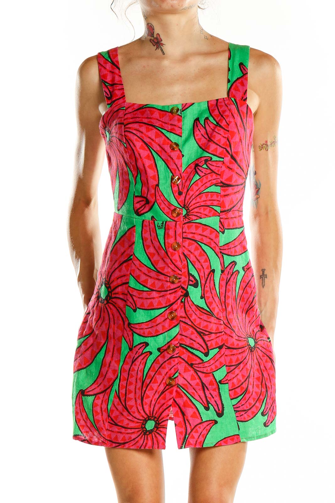 Pink Green Tropical Print A-Line Dress Front