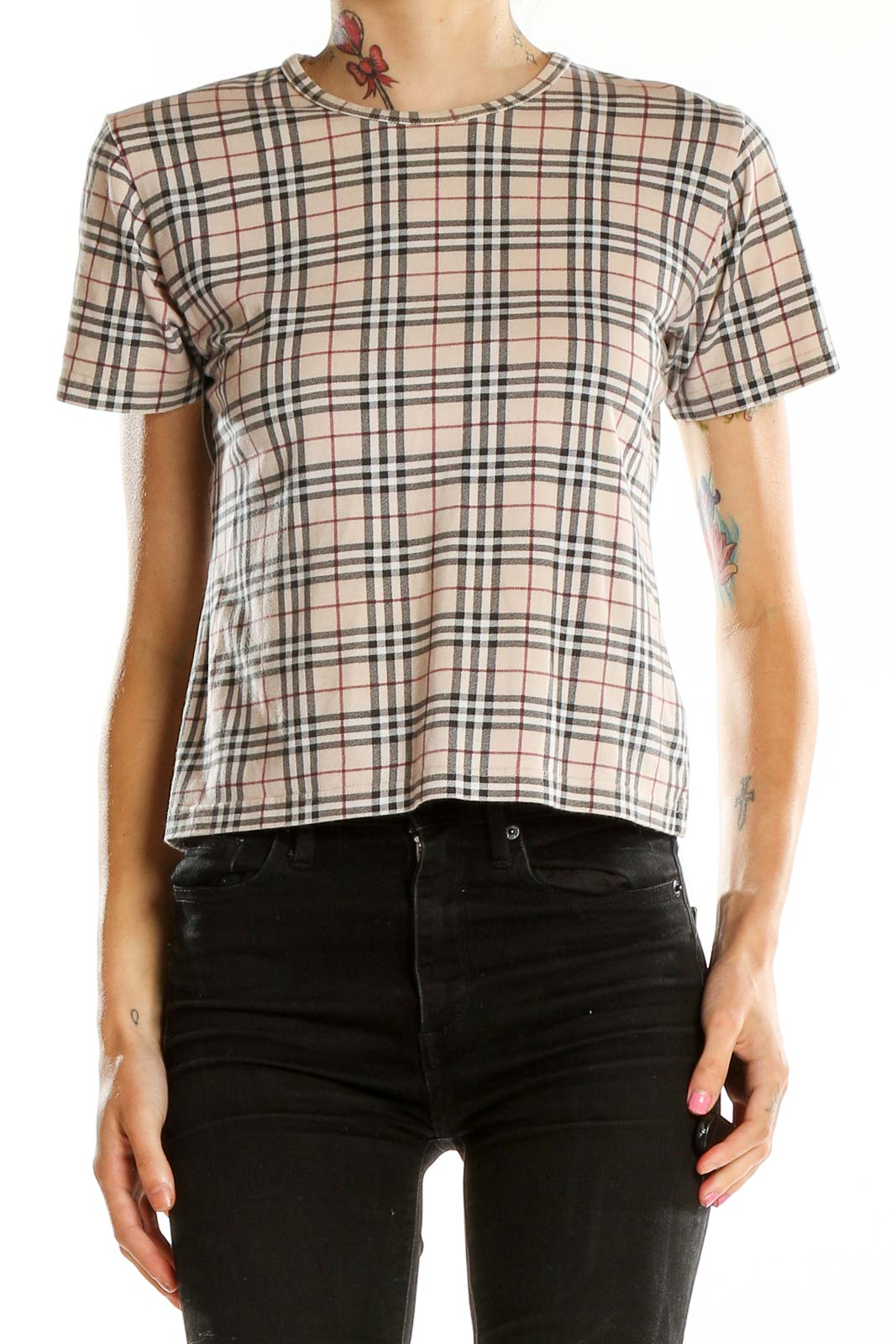 Beige Checkered Top Front