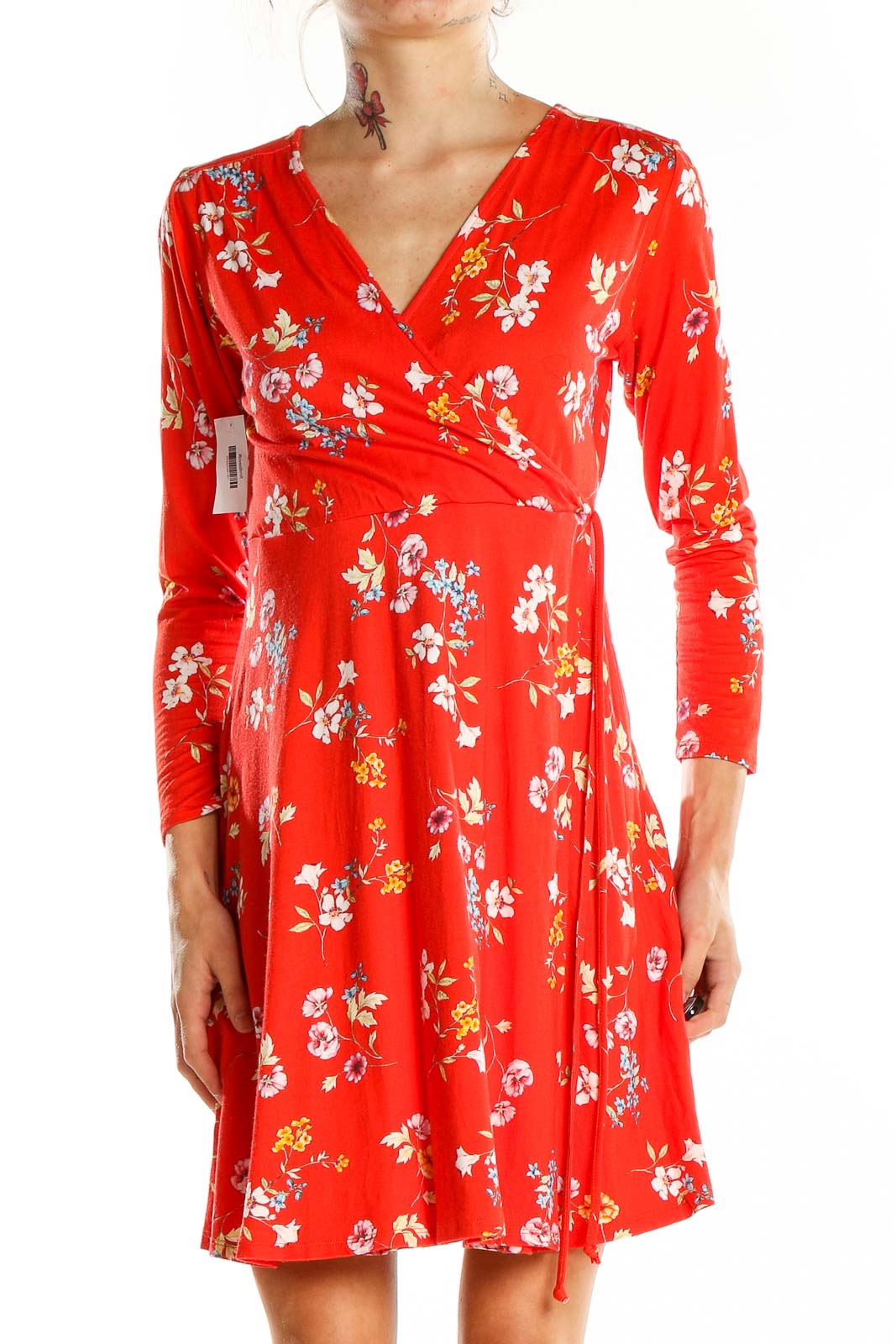 Red 3-4th Sleeve Floral Wrap Dress Front
