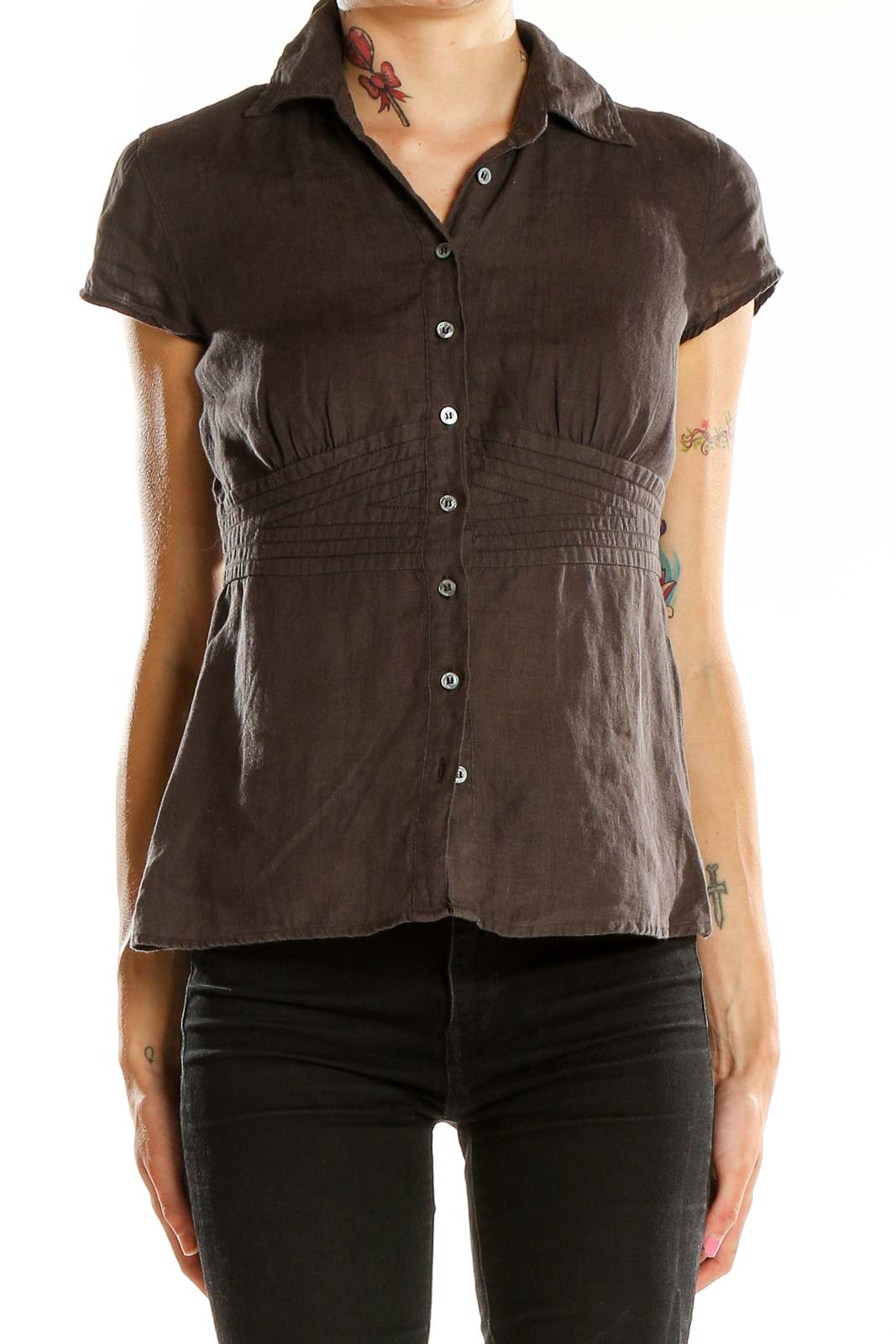 Brown Shorts Sleeve Linen Top Front