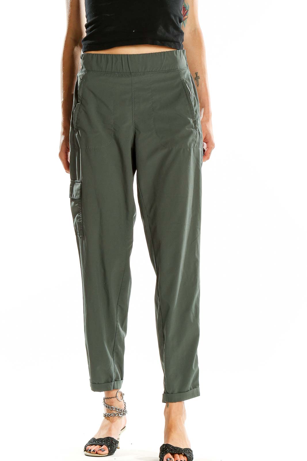 Green Slim Solid Pants Front