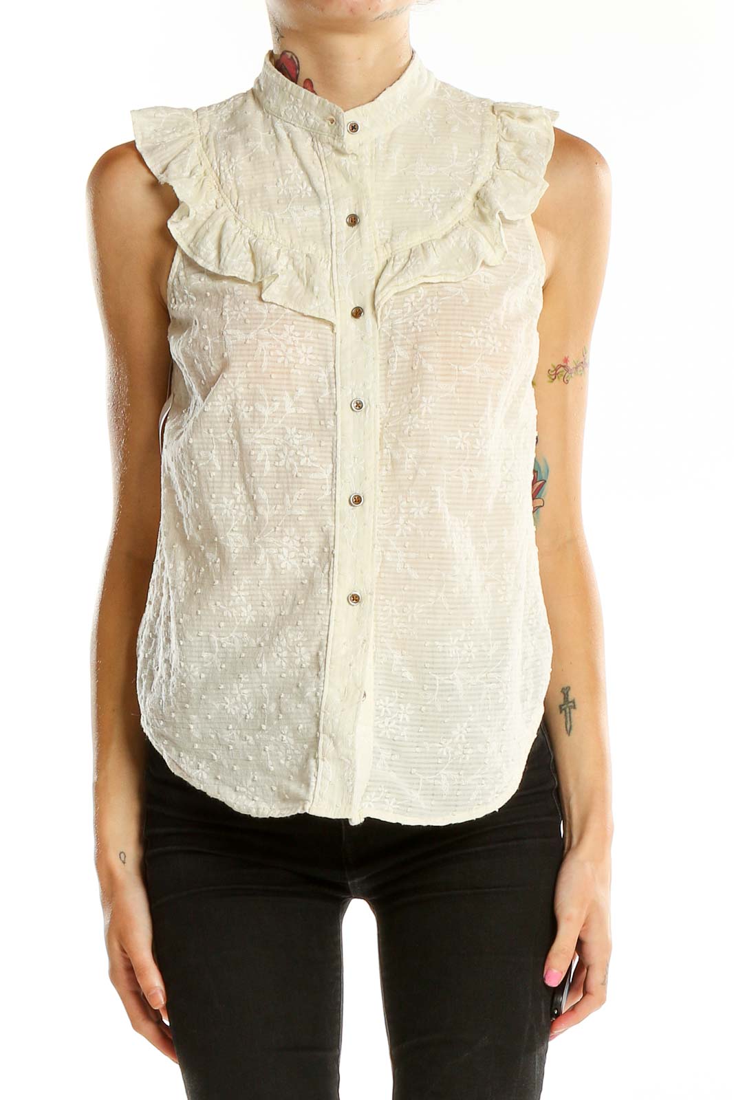 White Highneck Textured Blouse Front