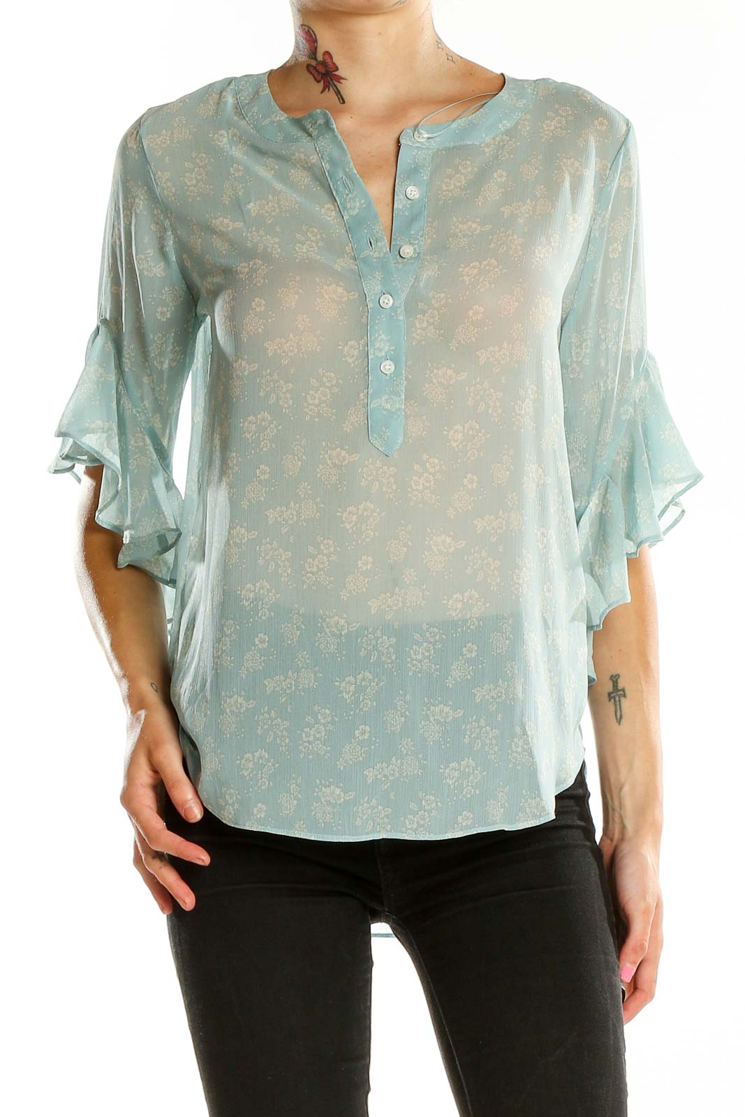 Blue Printed Blouse Front