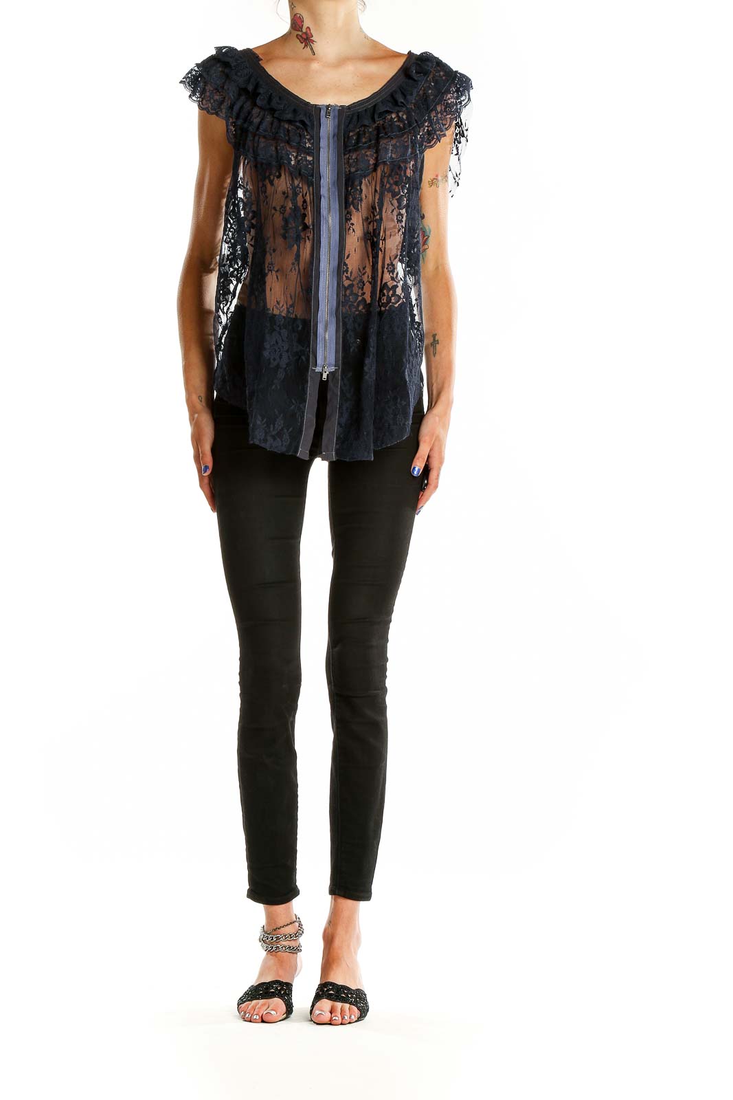 Free People - Blue Lace Zip Up Blouse Unknown | SilkRoll