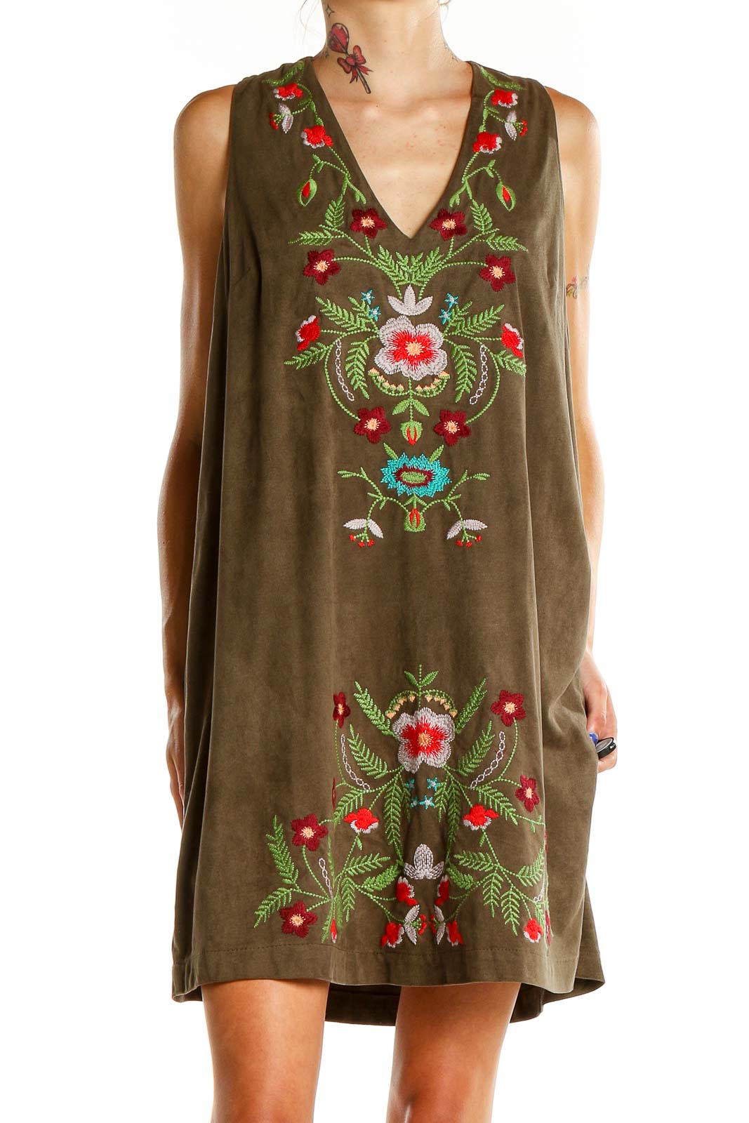 Brown Embroidered Shift Dress Front