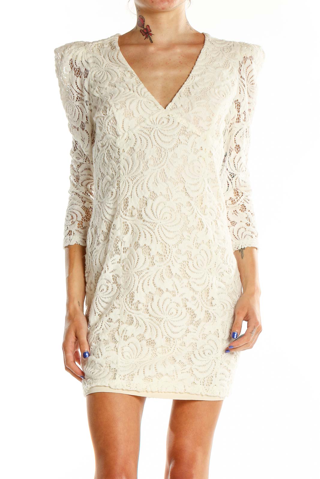 White Lace Long Sleeve Dress Front