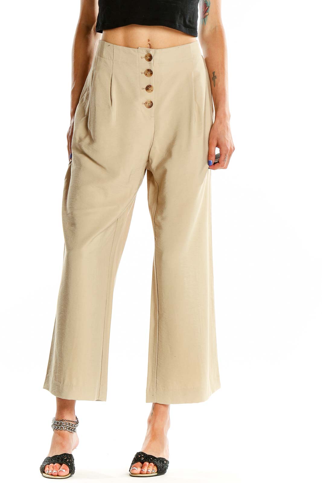 Beige Classic Wide Leg Trousers Front