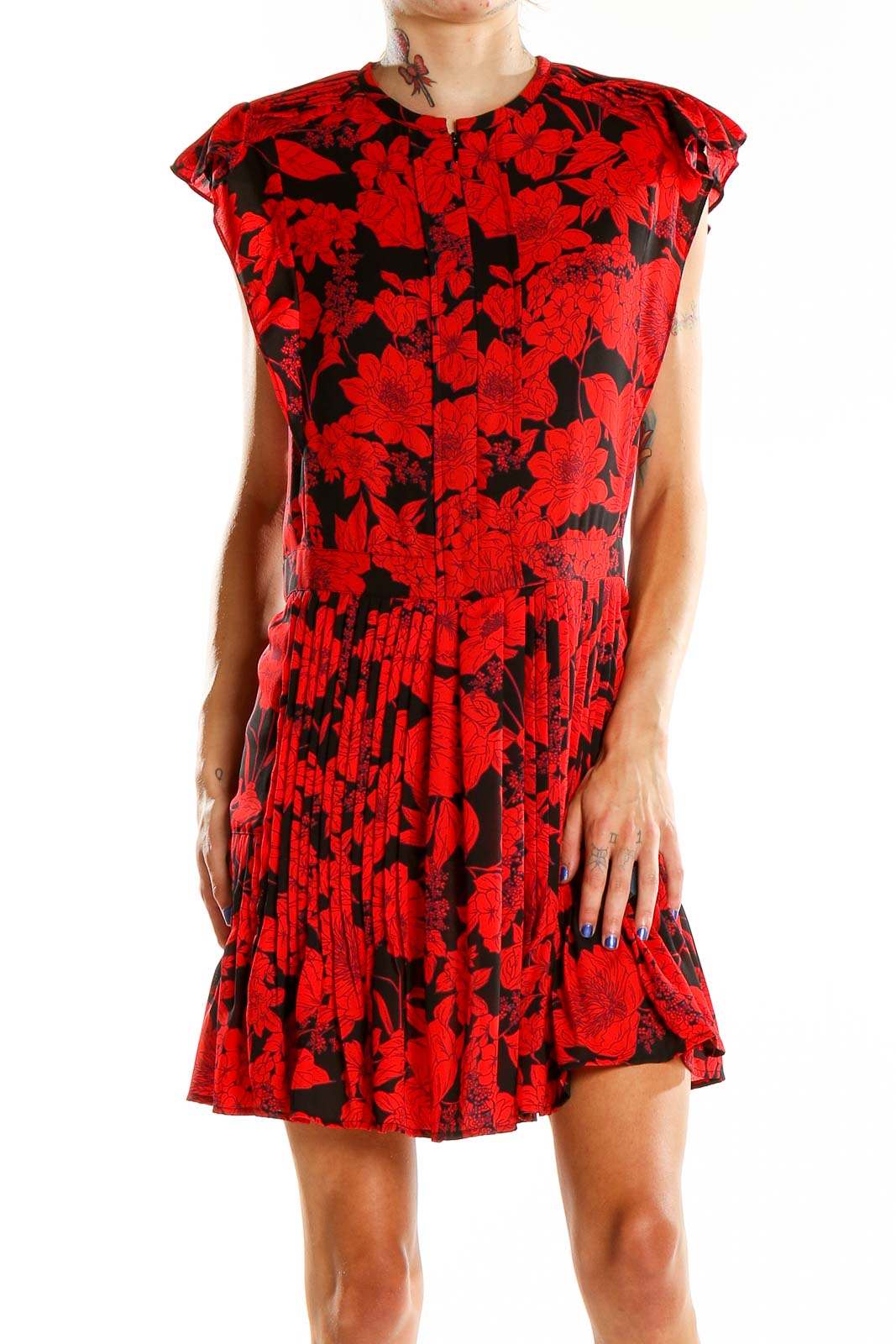 Red Blue Floral Print Pleated Dress Front