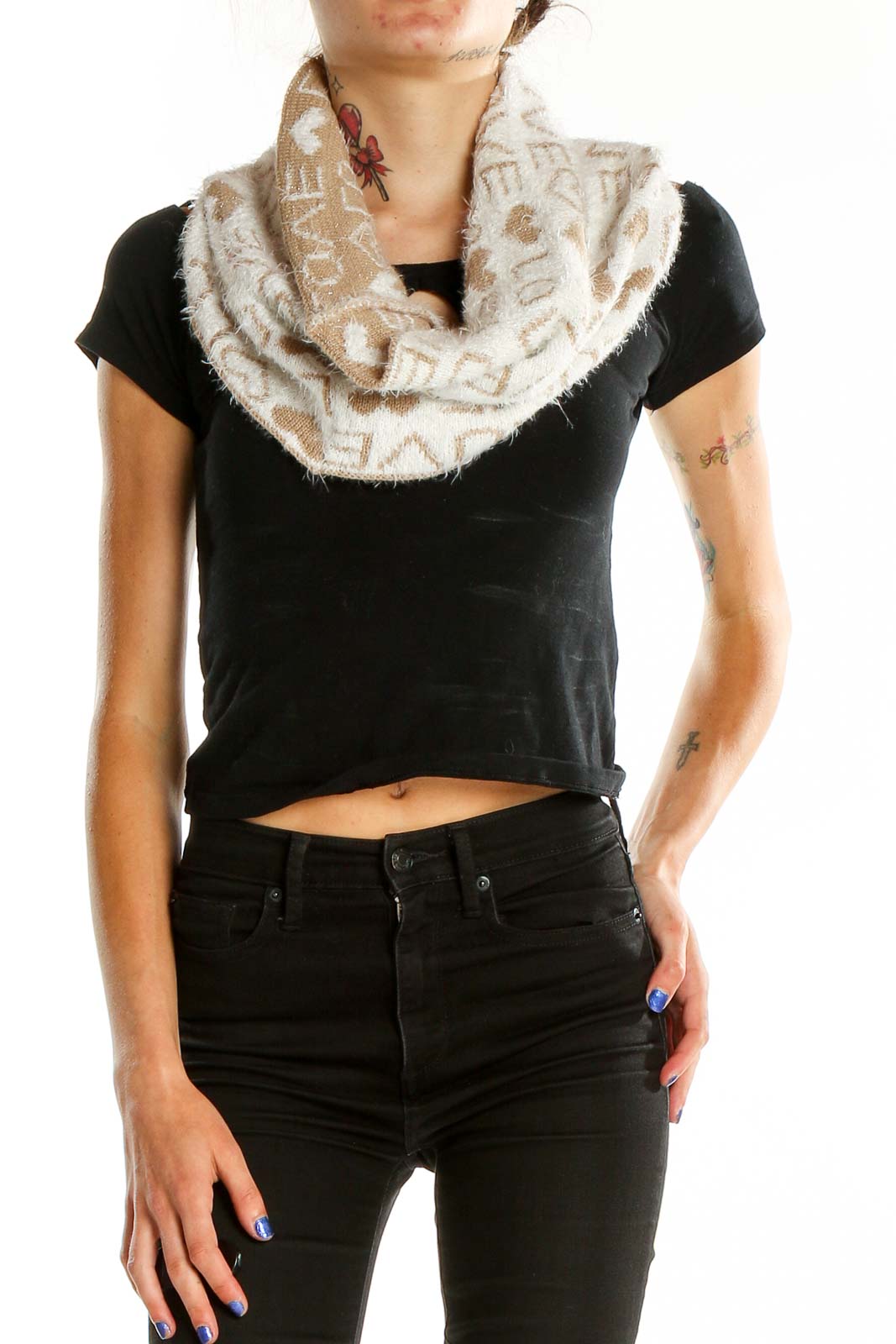 Beige White Printed Scarf Front