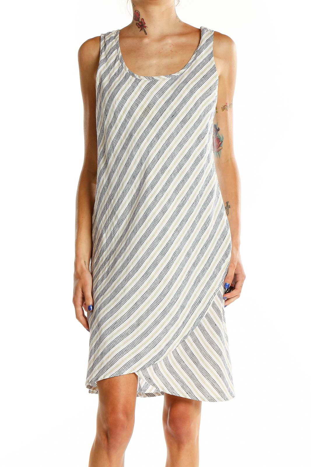 White Blue Striped Linen A-Line Dress Front