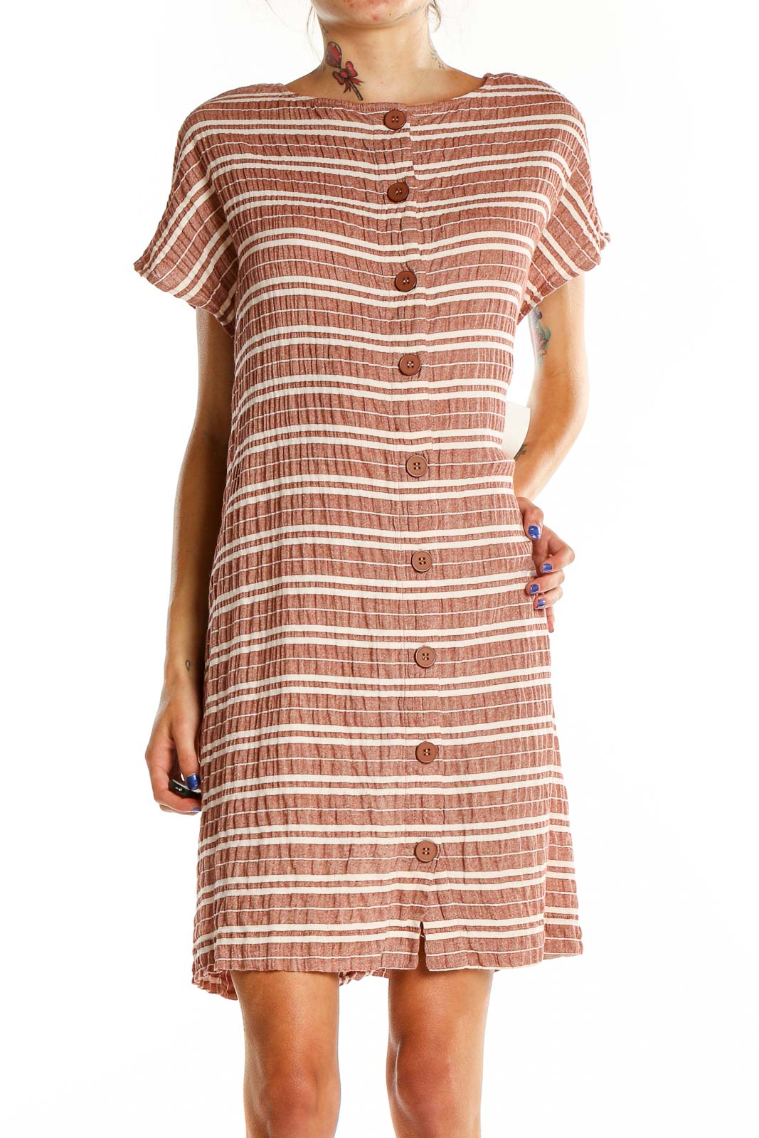 Brown White Striped A-Line Dress Front