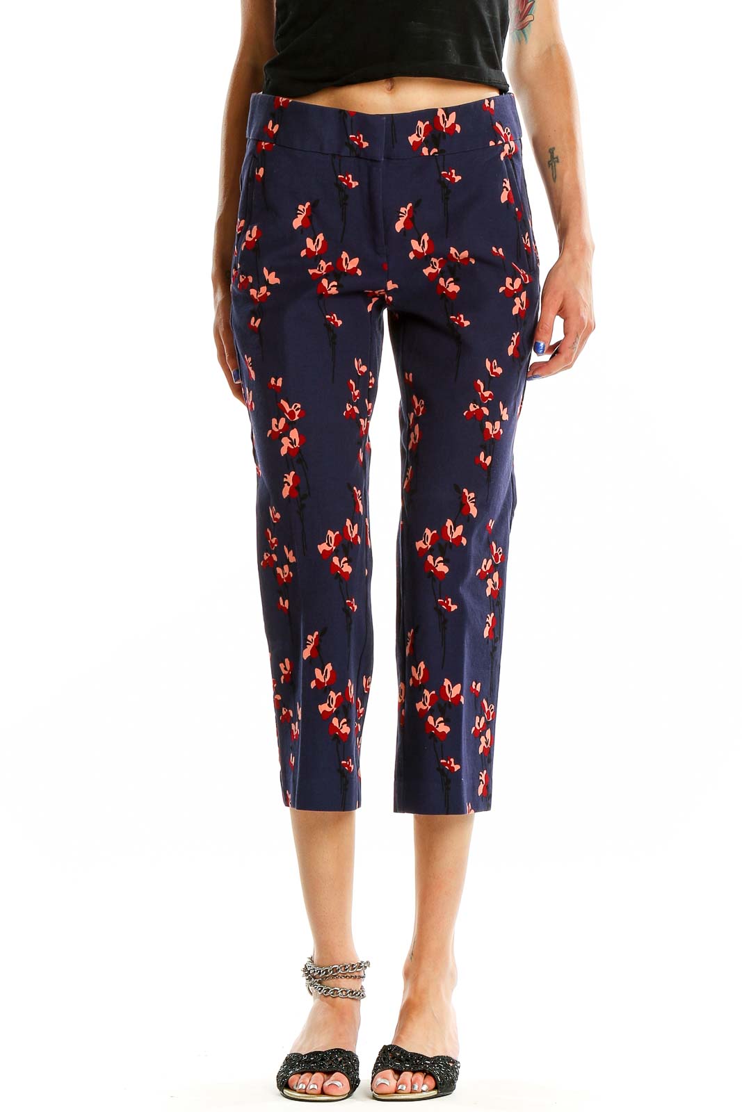 Blue Floral Print Trousers Front