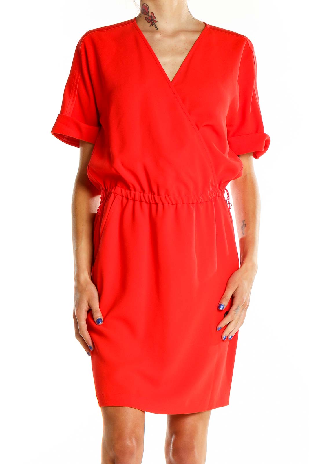 Red Wrap-Style Polyester Dress Front