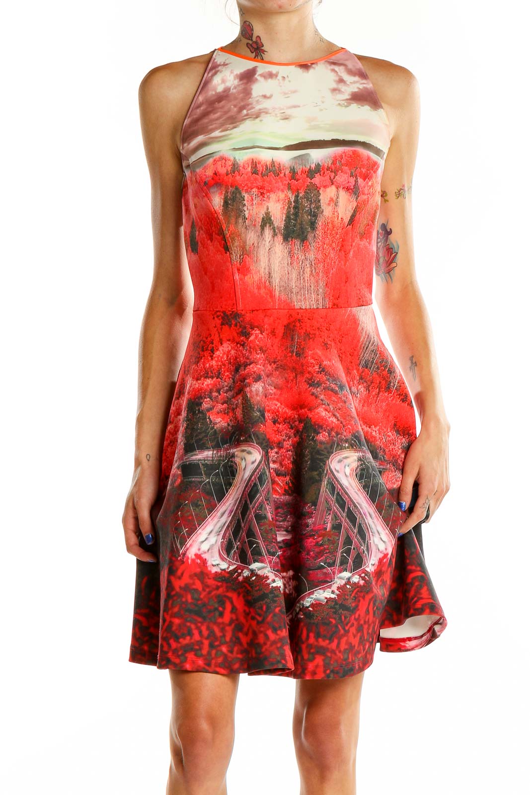 Red Printed Fit & Flare Dress Front