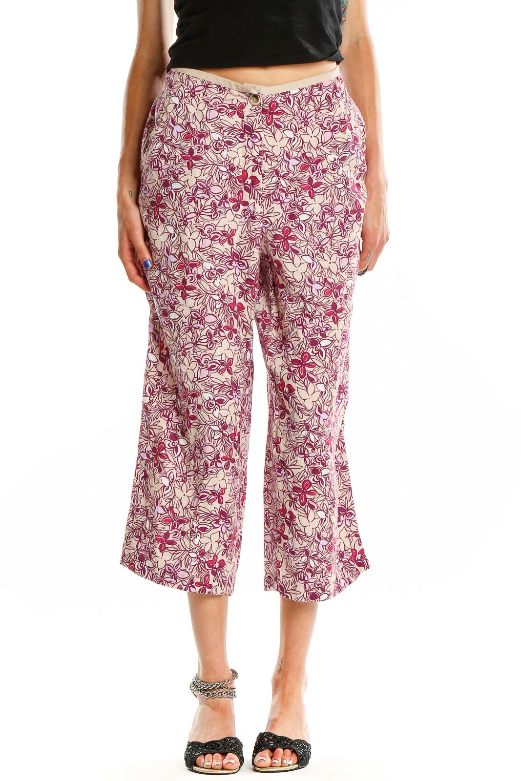 Pink Cropped Floral Print Bohemian Linen Pants Front