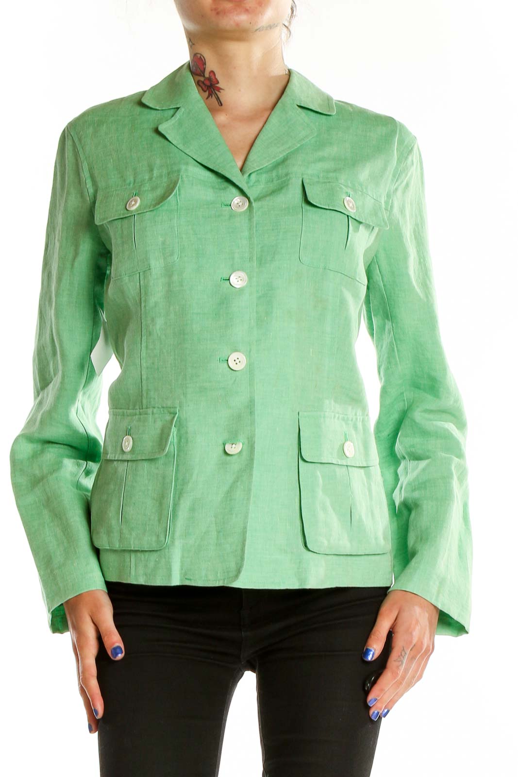 Green Linen Jacket Front