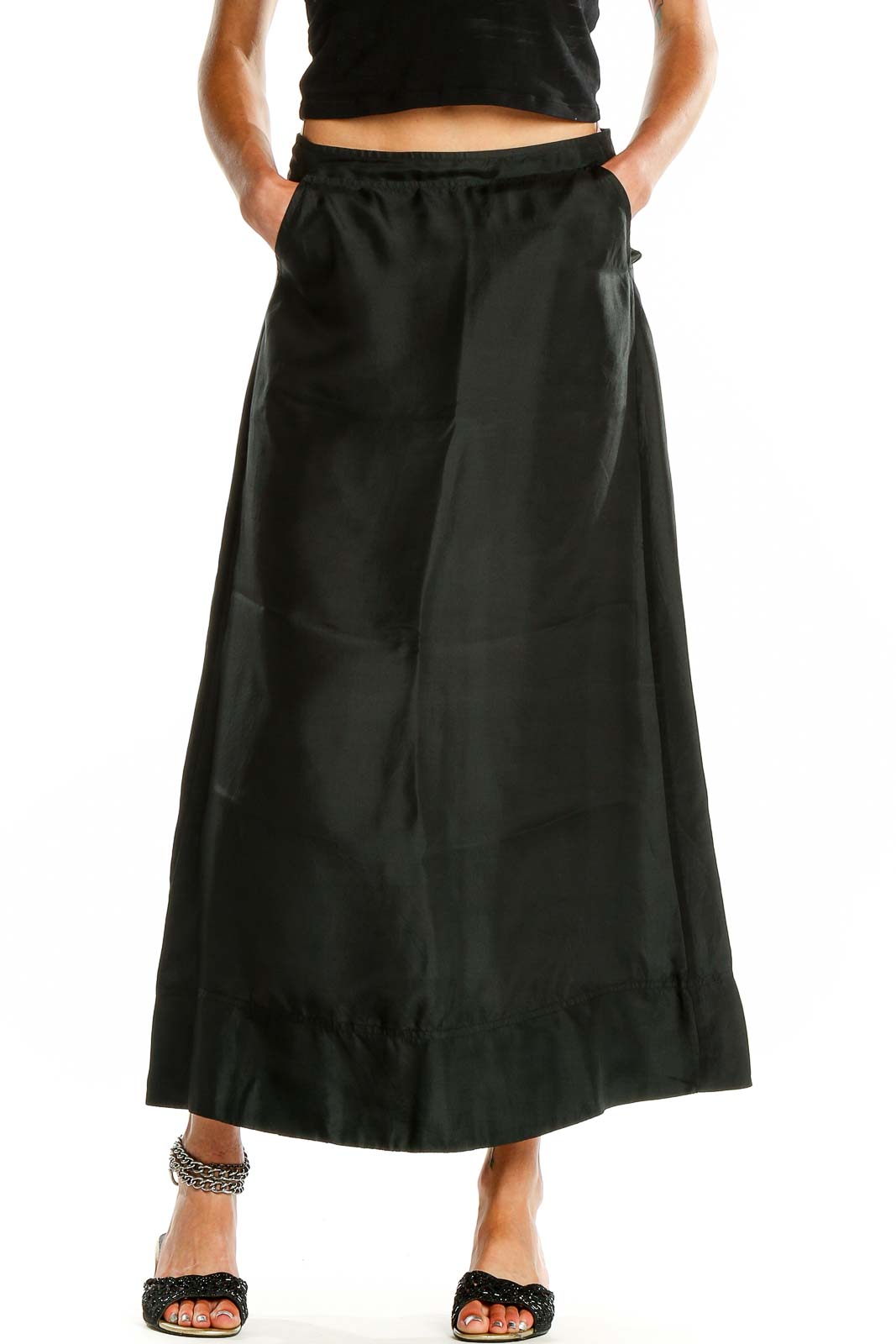 Black Silk A-Line Maxi Skirt Front